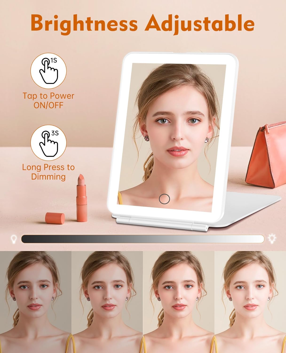 FUNTOUCH Espejo de maquillaje de viaje recargable con luces y espejo de aumento de 10X, espejo de tocador iluminado portátil con 80 LED, batería de