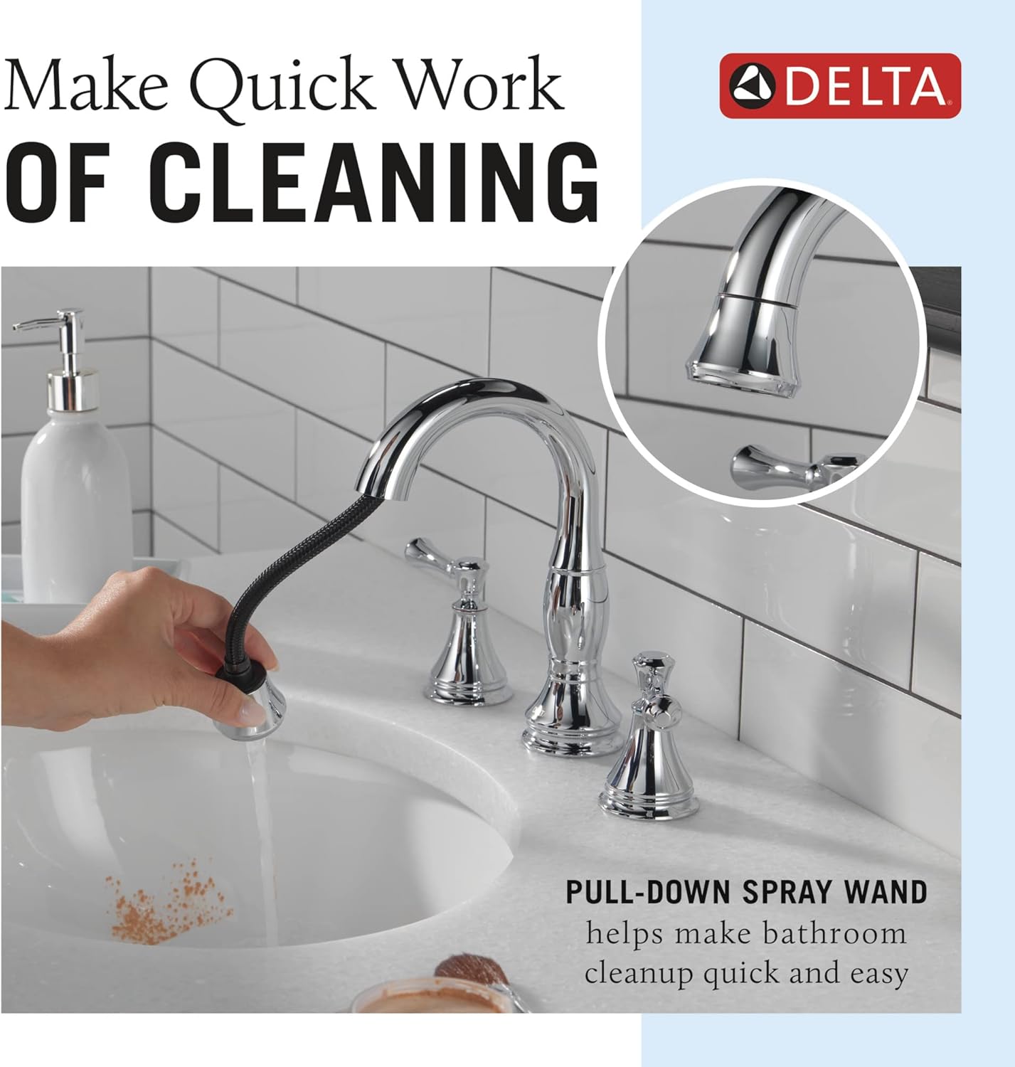 Delta Faucet Cassidy – Grifo de baño extraíble, grifo de baño cromado de 3 agujeros con rociador extraíble, grifo de lavabo de baño, acoplamiento