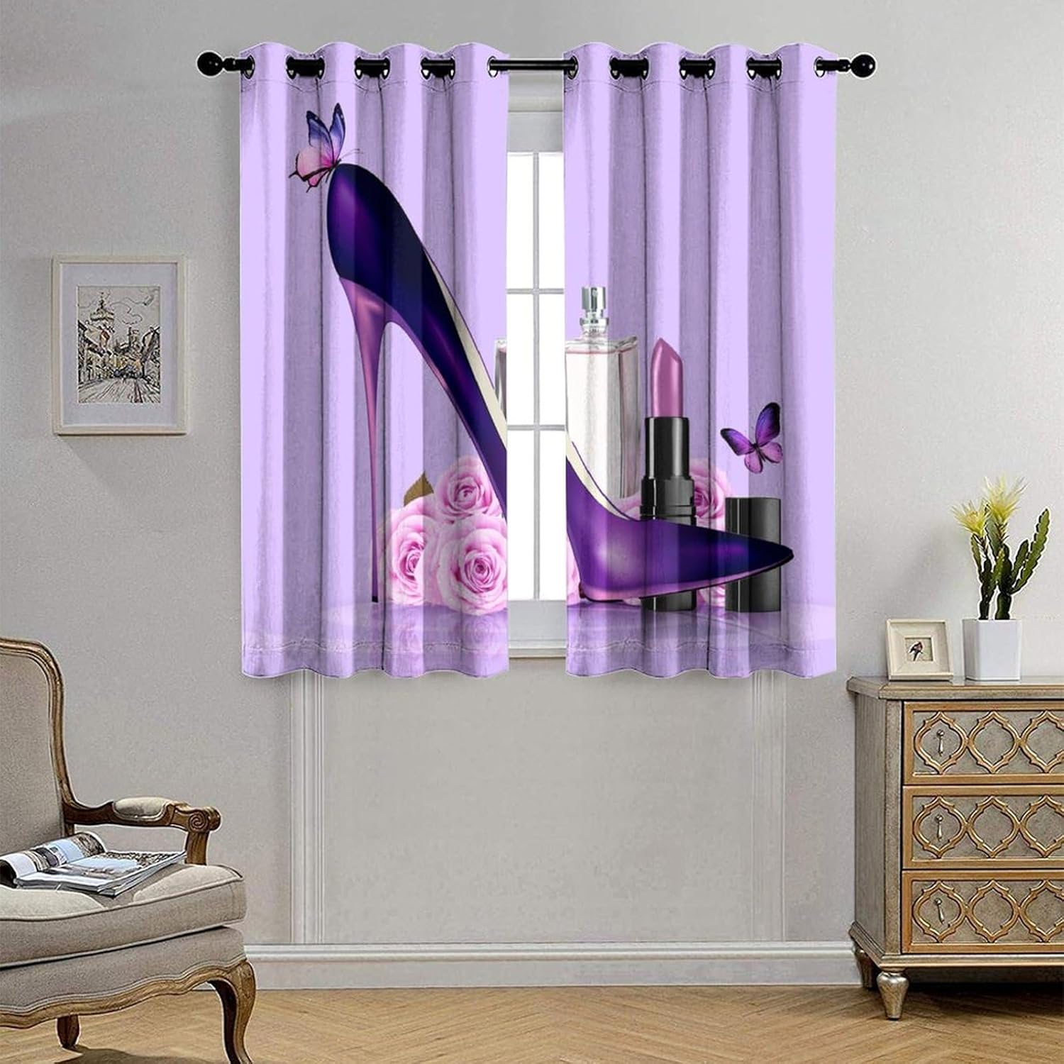 Cortinas moradas de lujo con diamantes de tacón alto para dormitorio, diseño moderno de mujer, con estampado de mariposas, aislamiento térmico,