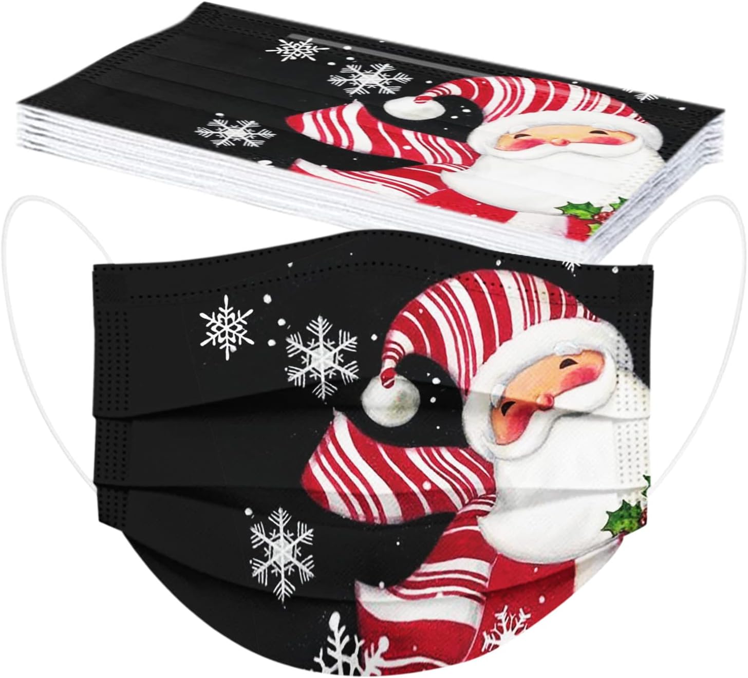 50 cubrebocas desechables de invierno para adultos, 3 capas con alambre para la nariz, diseño de copos de nieve, Papá Noel, renos