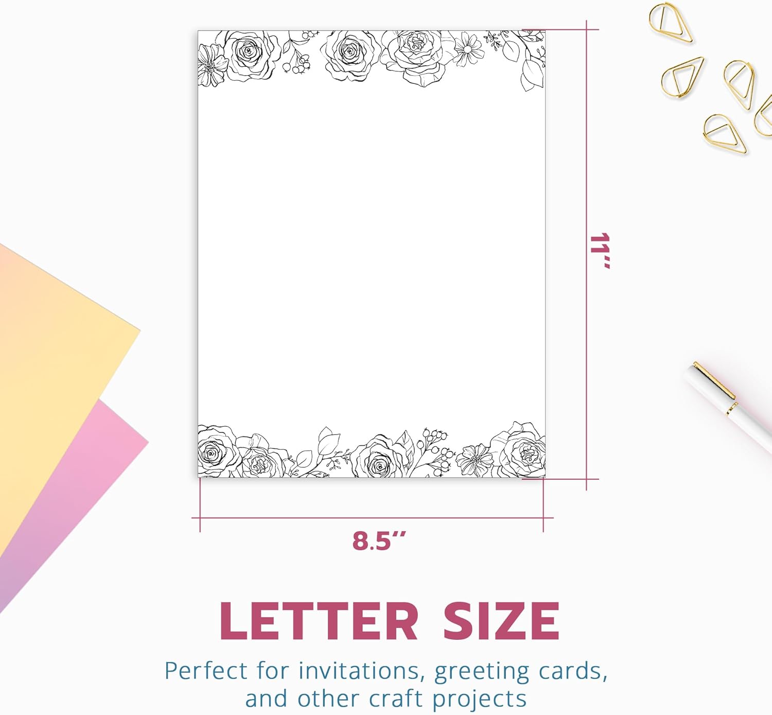 Papel de papelería floral, 50 hojas, papel membrete de flores en blanco y negro de 8.5 x 11 pulgadas, elegante papel de escritura, bonito papel