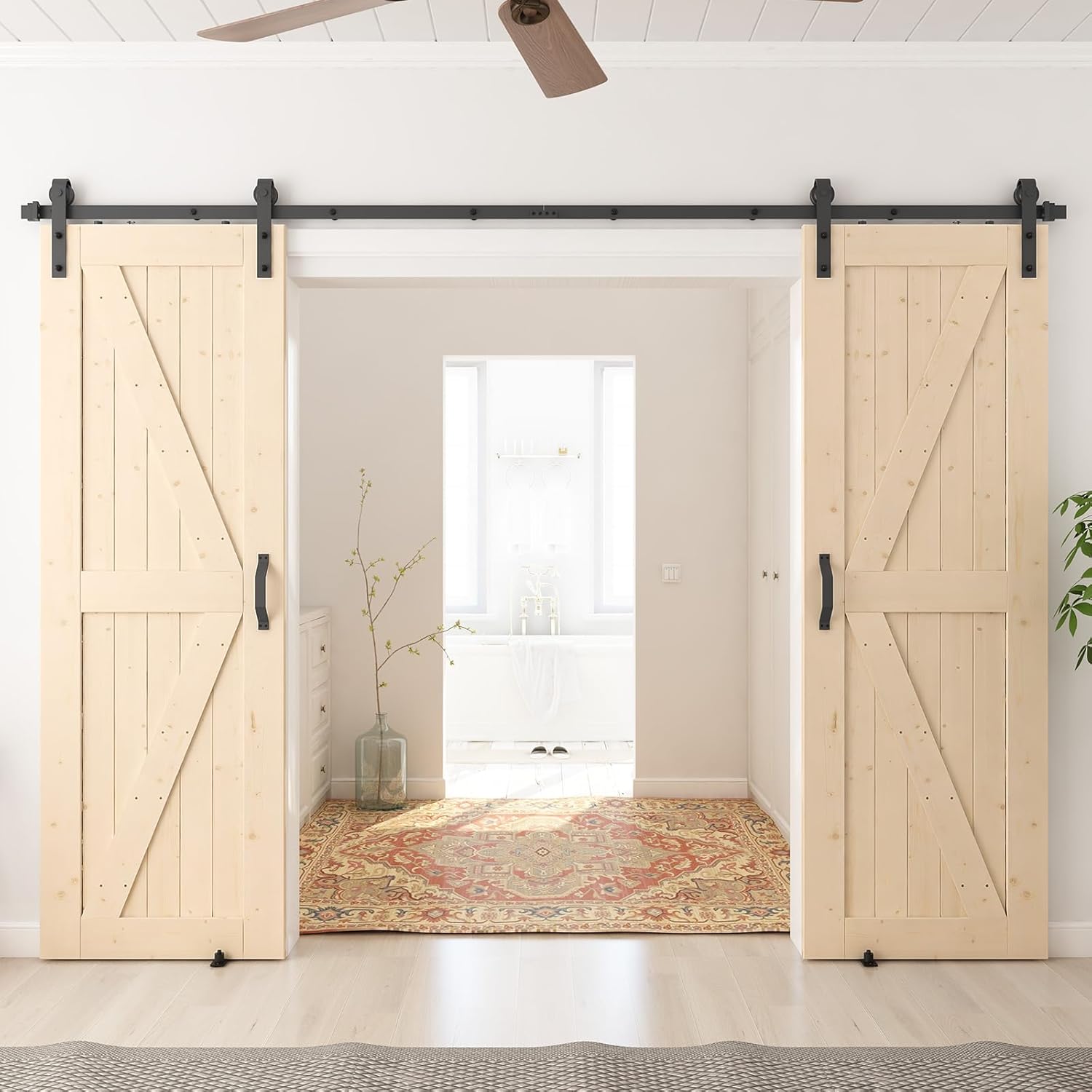 SmartStandard Puerta corredera de madera de granero de 24 x 80 pulgadas preperforada lista para montar, losa con paneles de madera de abeto maciza