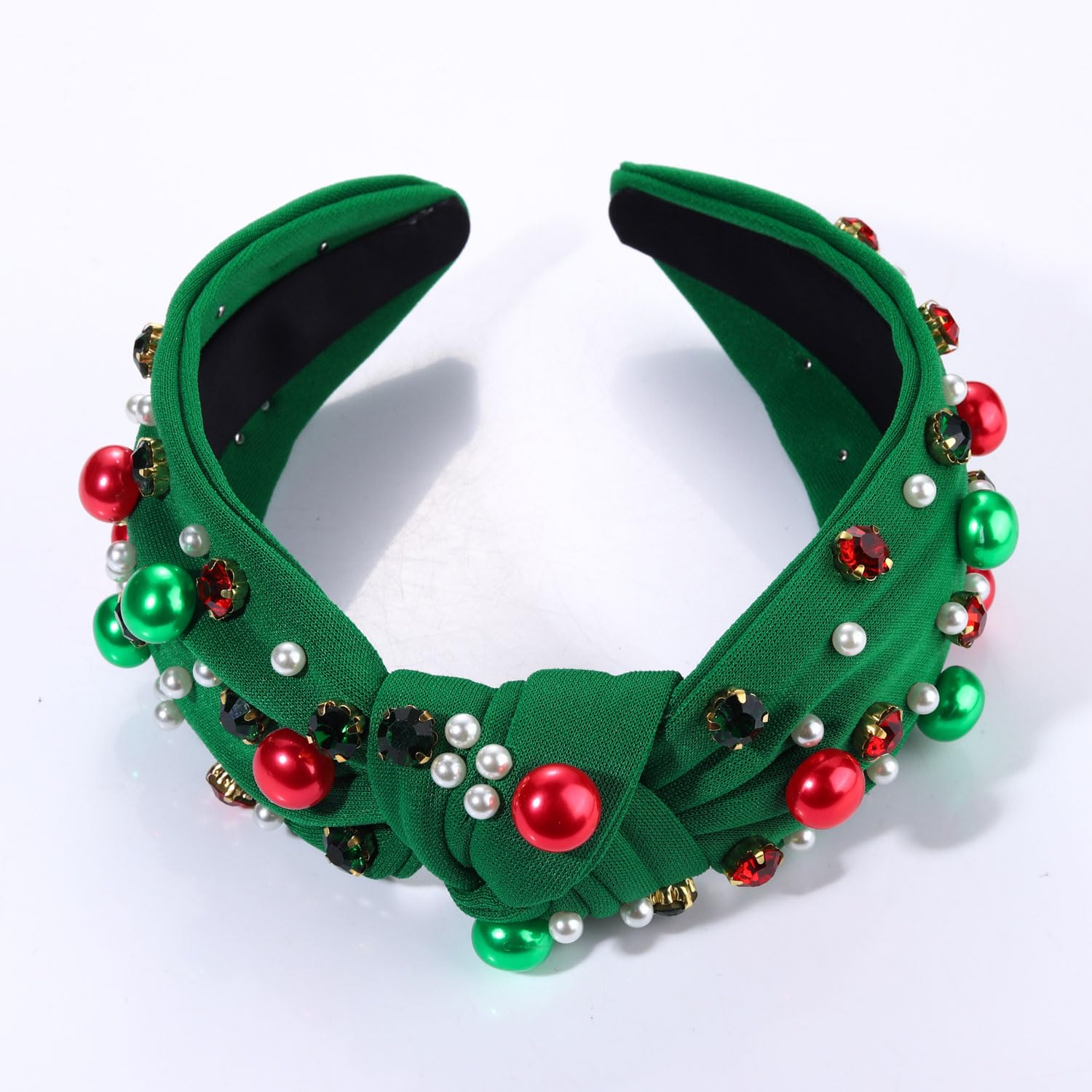 Diadema anudada con perlas de Navidad para mujer, color rojo y verde, perla con diamantes de imitación, diadema elegante de nudo ancho, accesorios