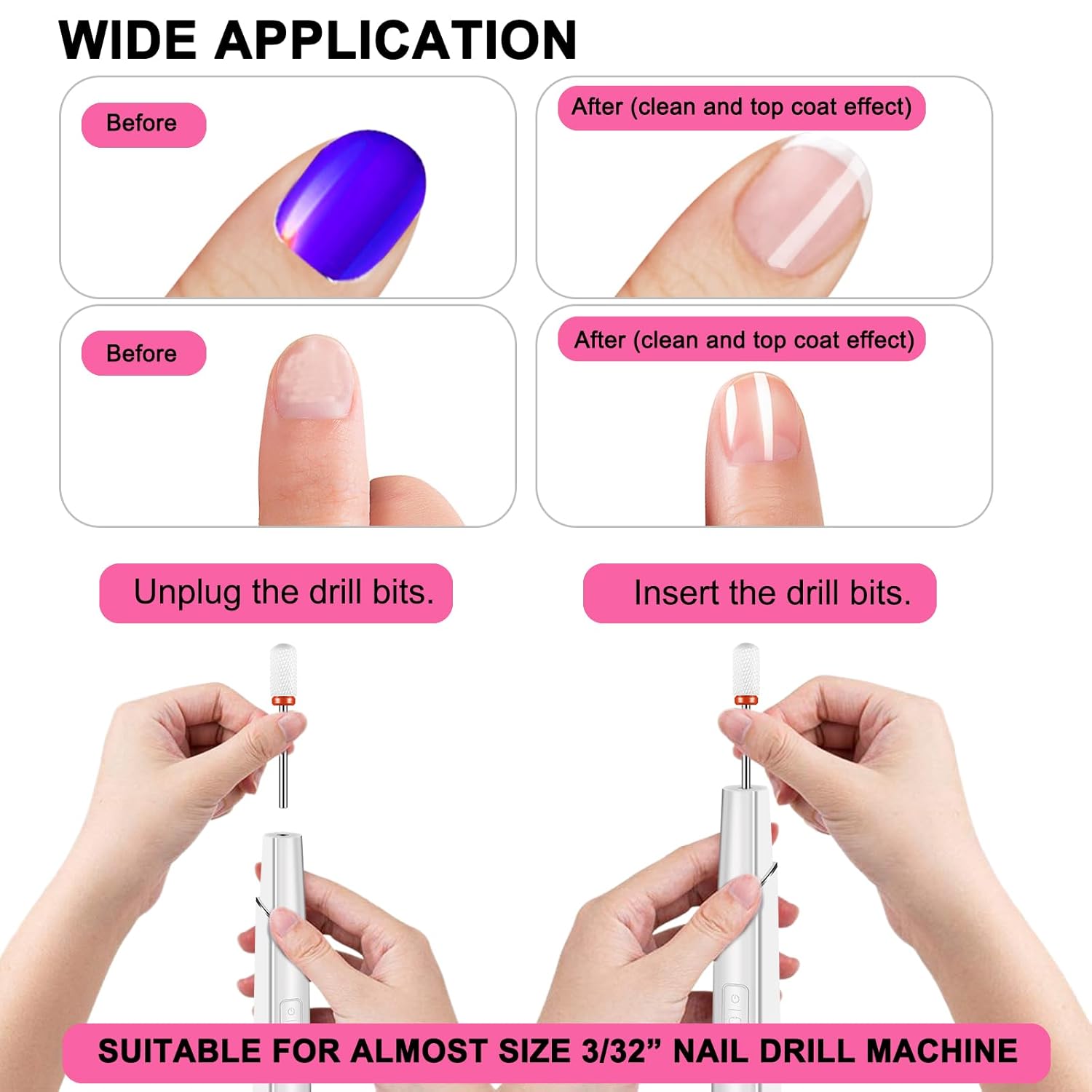 Juego de 19 brocas de uñas con caja de almacenamiento, brocas de carburo de diamante de cerámica de tungsteno de 332 pulgadas para uñas acrílicas,