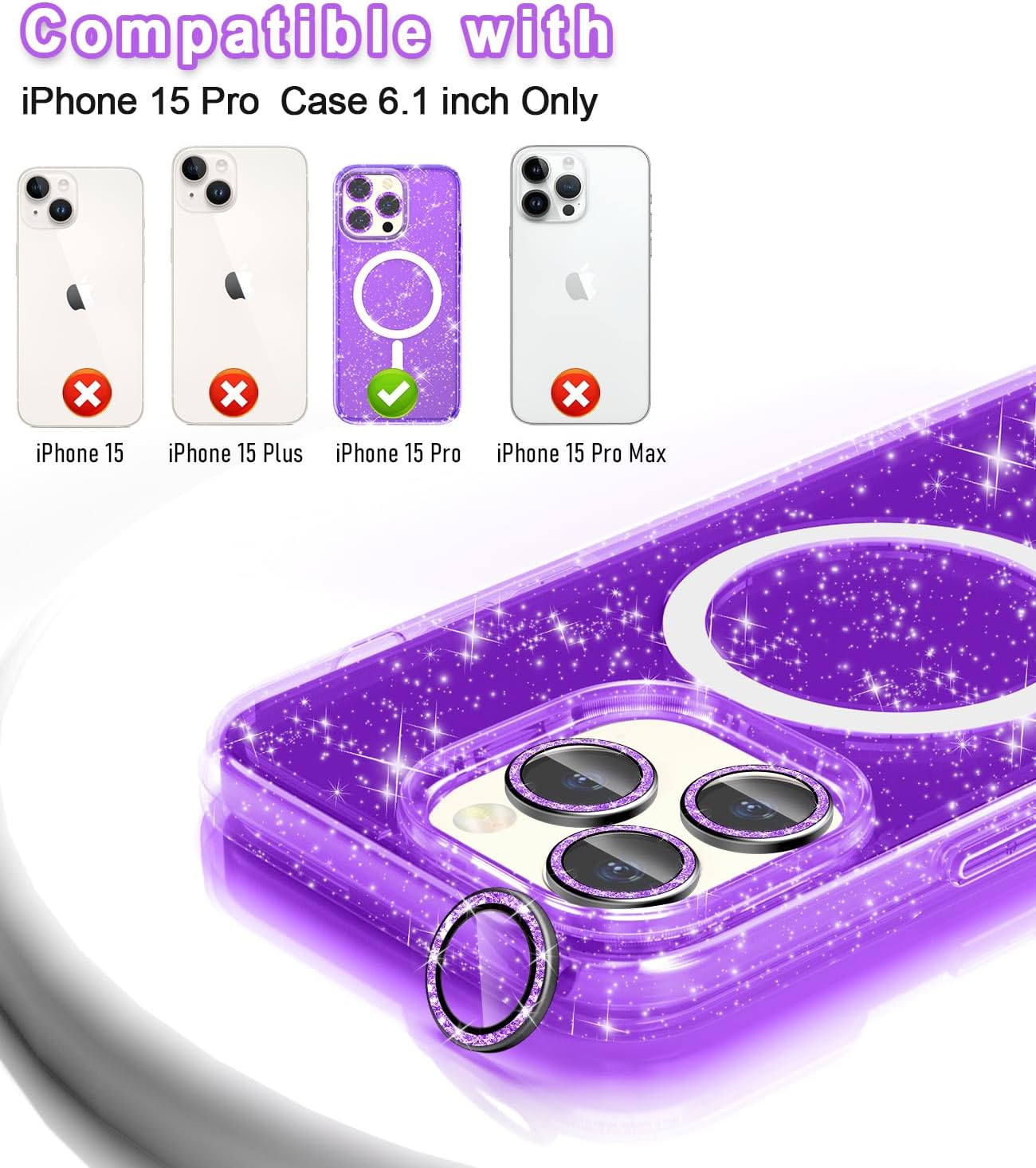 Funda magnética brillante para iPhone 15 Pro compatible con MagSafe, 2 protectores de pantalla y 2 protectores de lente de cámara de diamante,