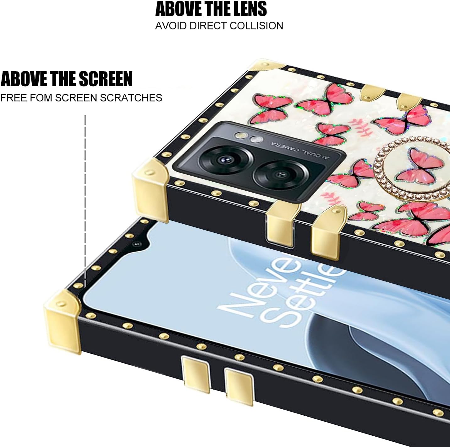 Funda para teléfono N300, funda para OnePlus Nord N300 5G para mujer, bonita funda protectora cuadrada con purpurina femenina elegante retro choque