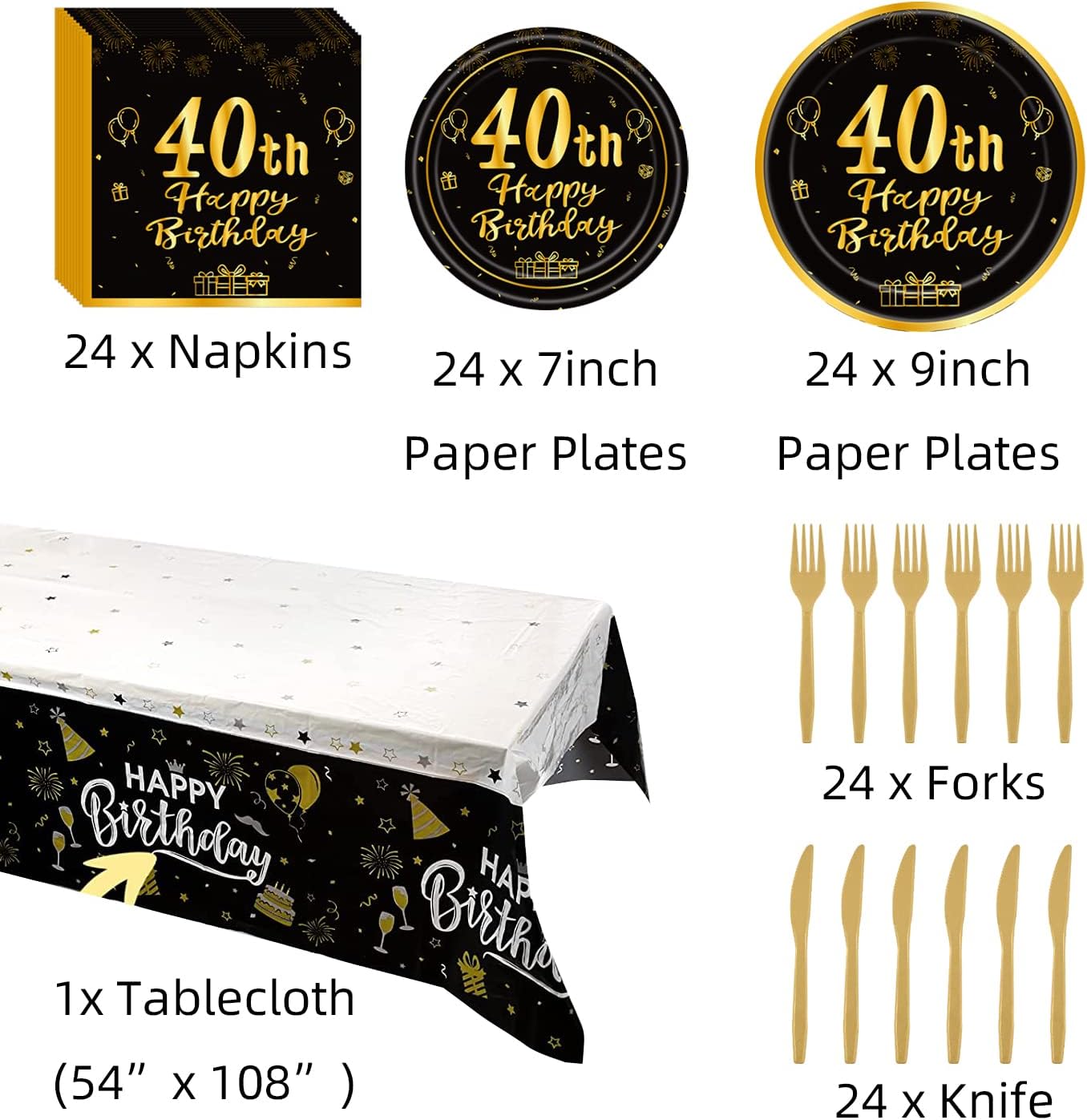 Suministros para fiestas temáticas de cumpleaños número 40, juegos de vajilla desechable para fiesta  Platos de papel de 40 años, servilletas,