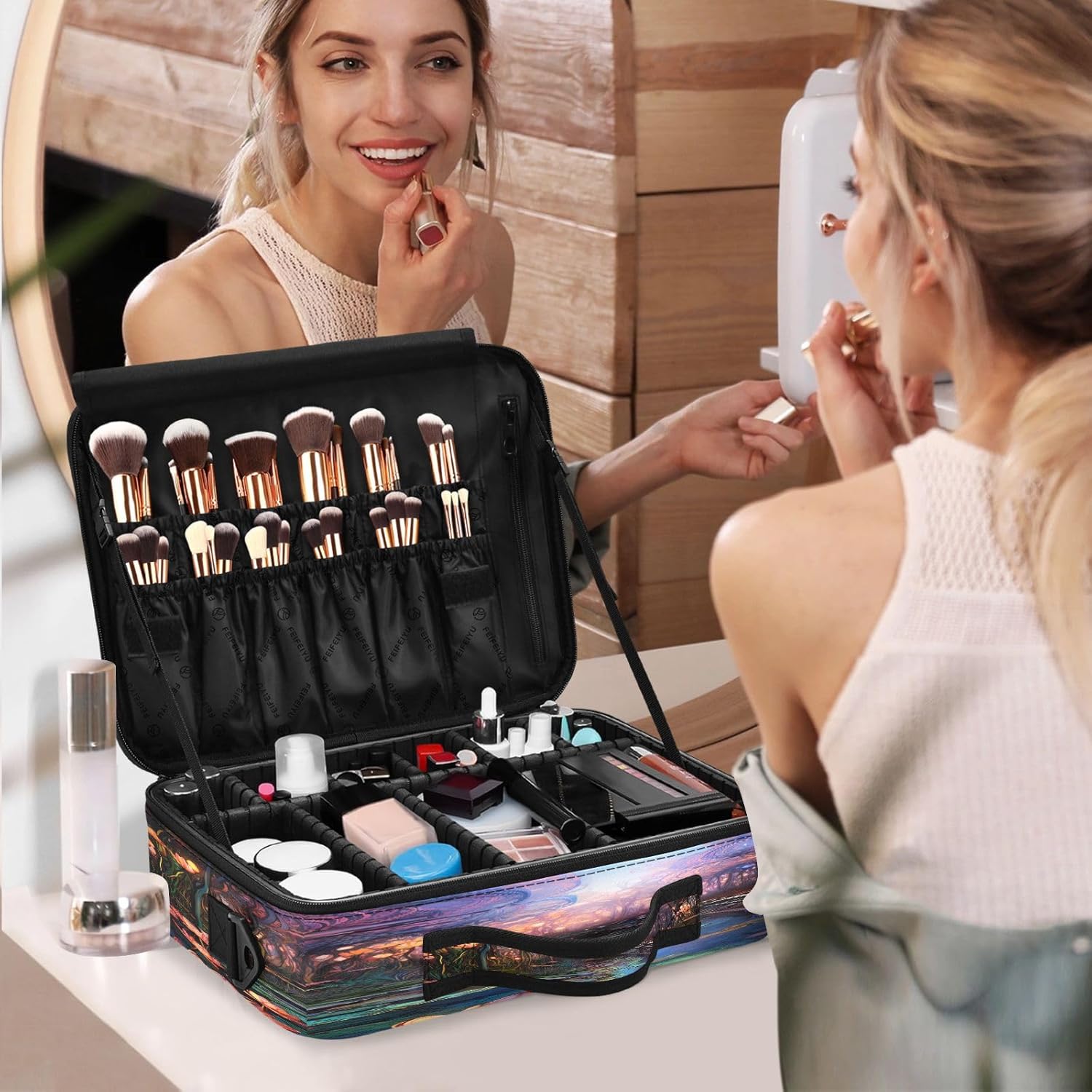Lotus – Bolsas de maquillaje de viaje de gran capacidad estilo chino para mujeres, bolsa organizadora, bolsa de maquillaje grande para maquillaje de
