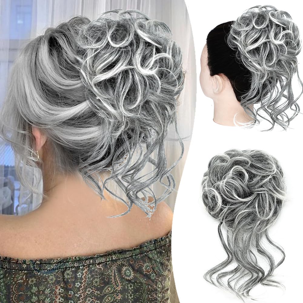LE SECRET 1 pieza de cabello de moño desordenado, recogido, rizado y ondulado, para mujer, extensiones de moño sintético para uso diario (gris