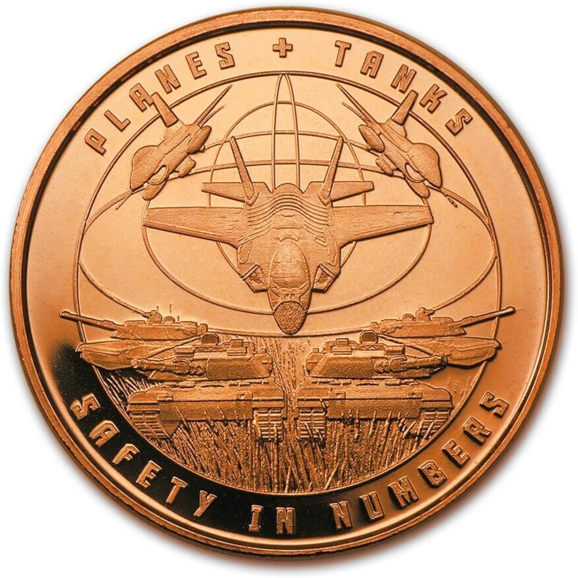 Aviones y tanques de seguridad en números  Protege el futuro metal real, valor real  Moneda de lingote redondo de cobre puro .999 de 1 oz en cápsula