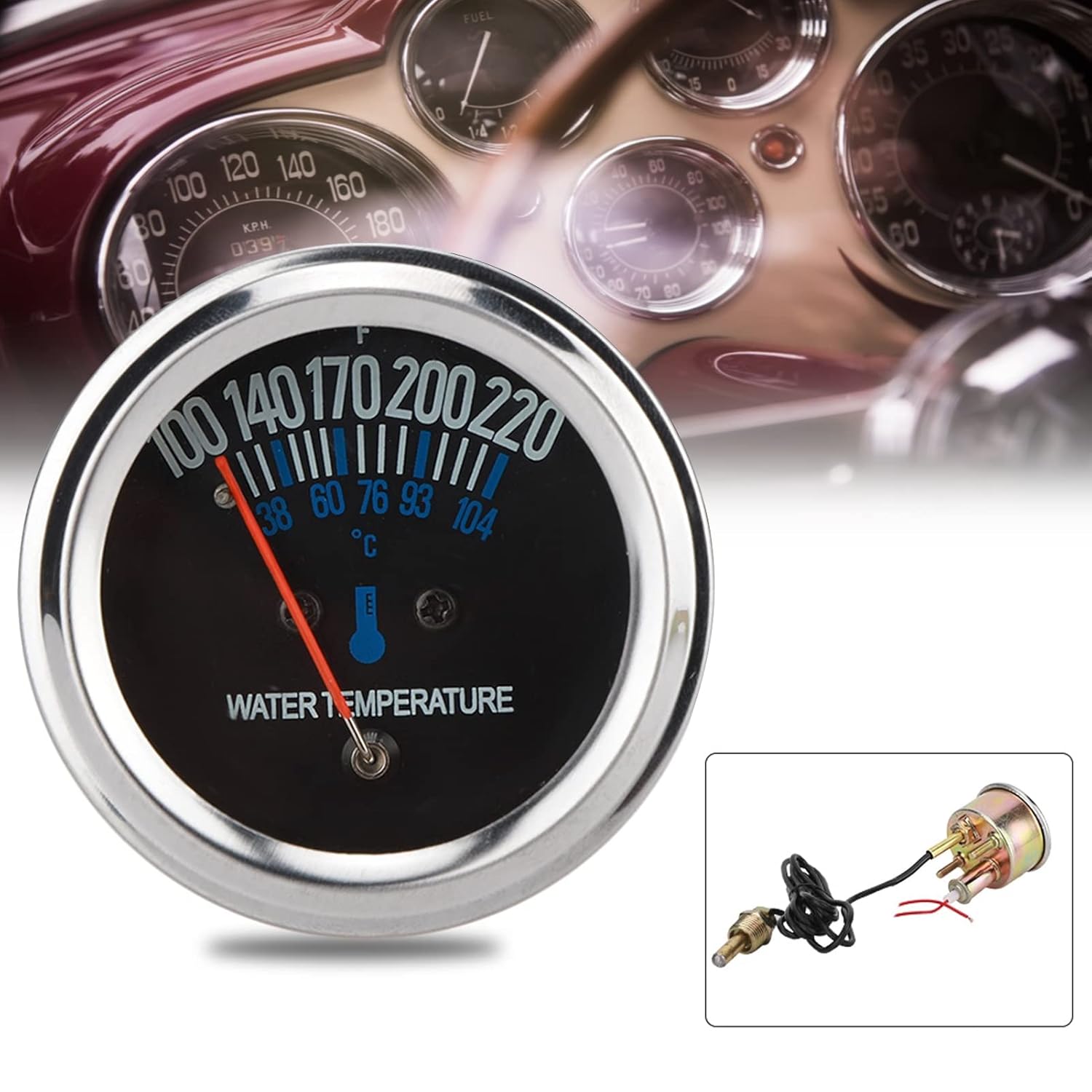 Medidor de temperatura del agua de 2.047 in y 12 V, medidor de temperatura de agua mecánico para automóvil de 100  220  F con luz amarilla, medidor