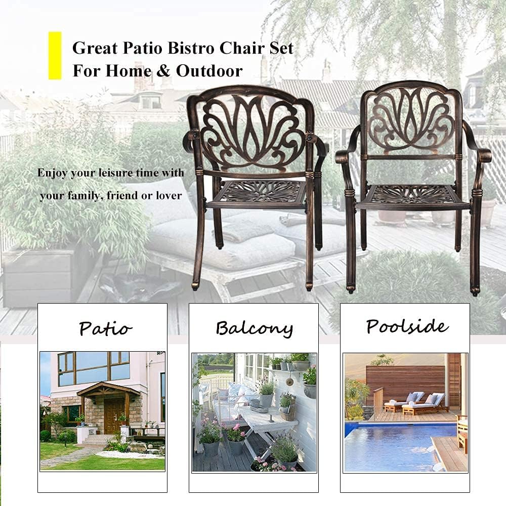 LEISU Silla de comedor de aluminio fundido de 2 piezas, sillas de bistró para el hogar, patio, jardín, terraza (2 sillas)