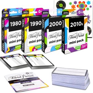 Trivial Pursuit – Paquete de 4 tarjetas de juego Paquete con 4 mini paquetes Trivial Pursuit con tatuajes de los años 80 2010 Mini paquetes de Trivial Pursuit – Paquete de 4 tarjetas de juego Paquete con 4 mini paquetes Trivial Pursuit con tatuajes de los años 80 2010 Mini paquetes de