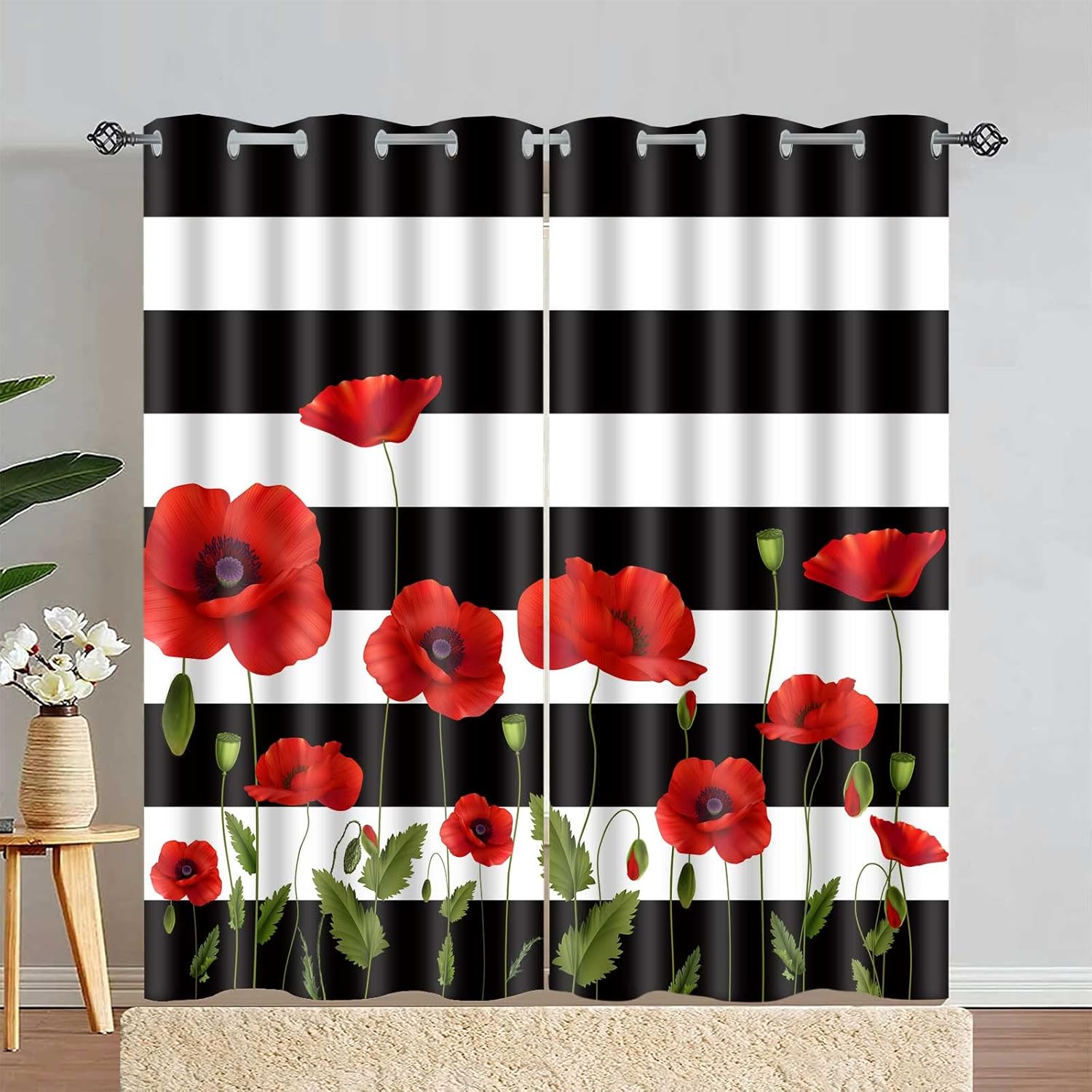 CLOKEO0343 – Cortina de amapola con diseño de flores rojas, rayas blancas y negras, para oscurecer la habitación, con aislamiento térmico y ojales,