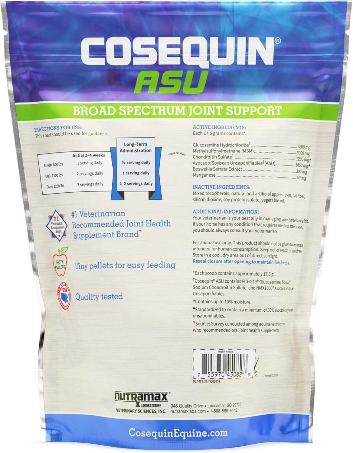 Nutramax Cosequin ASU Pellets Suplemento de salud articular para caballos, pellets con glucosamina y condroitina, 50.09 oz