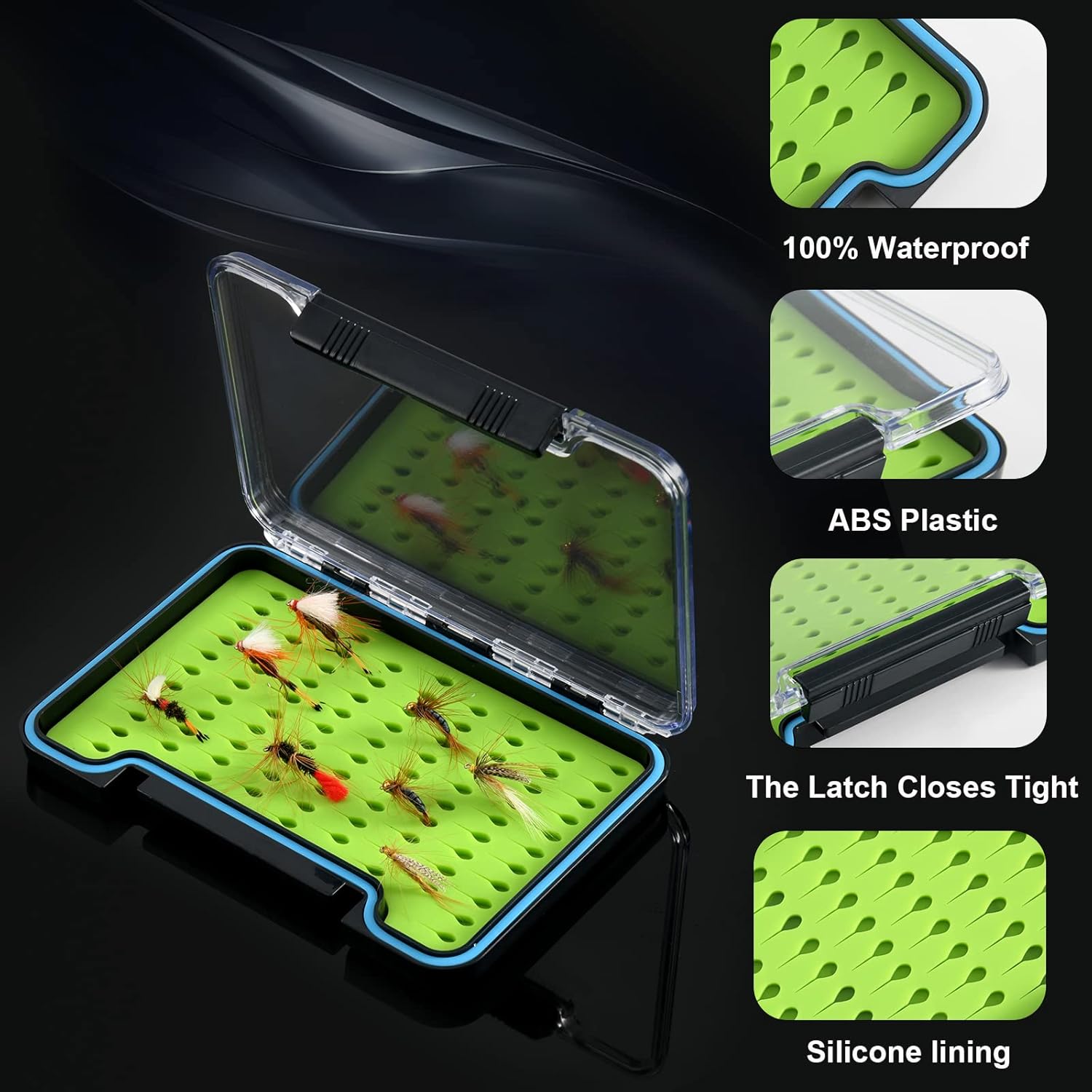 Goture Caja de pesca con mosca de una sola cara, impermeable, almacenamiento de moscas (inserto de silicona-5.51 x 3.82 x 0.67 pulgadas)