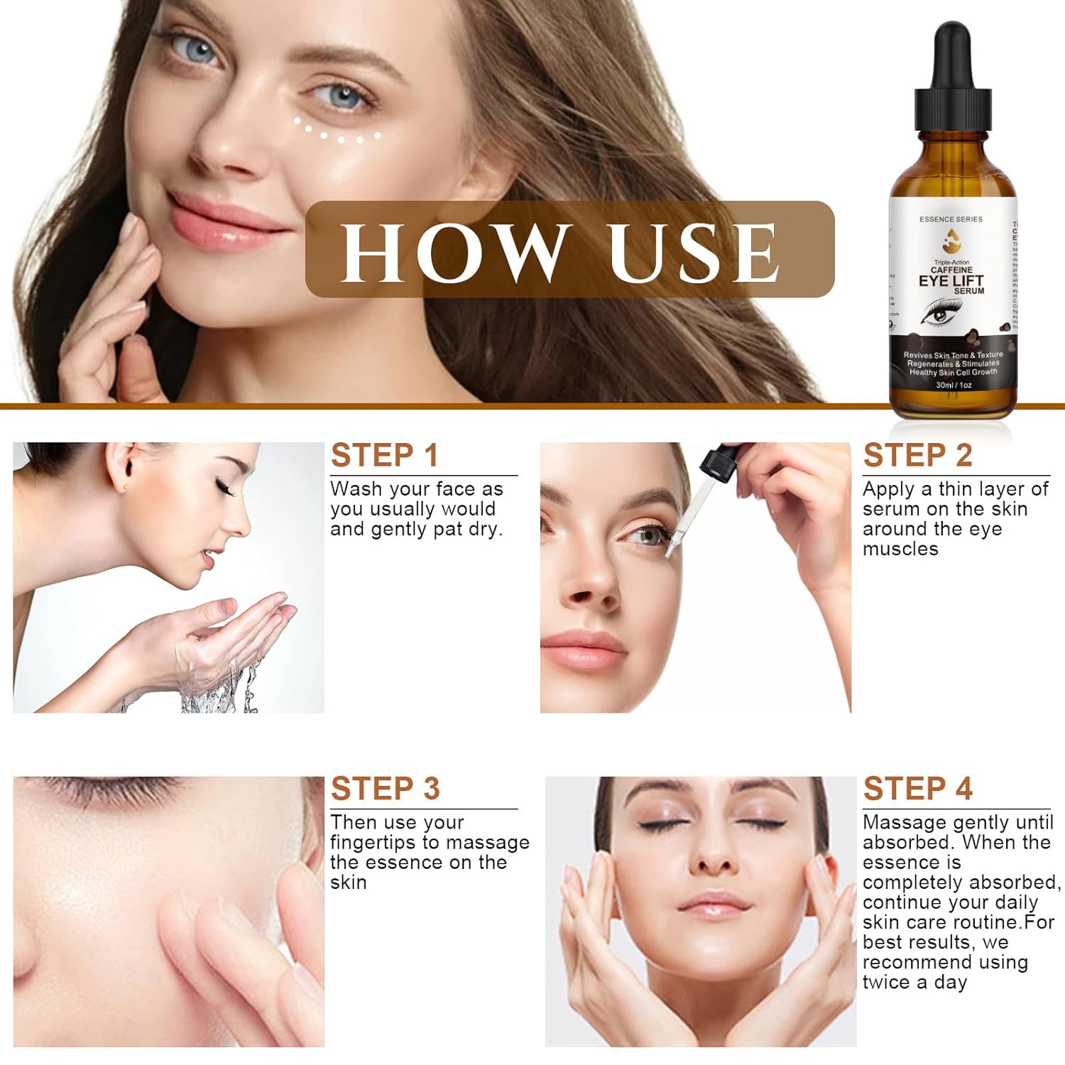 Suero de ojos con cafeína, antienvejecimiento para ojos y cara, suero de cafeína para levantar los ojos, reduce la hinchazón, las ojeras, las bolsas