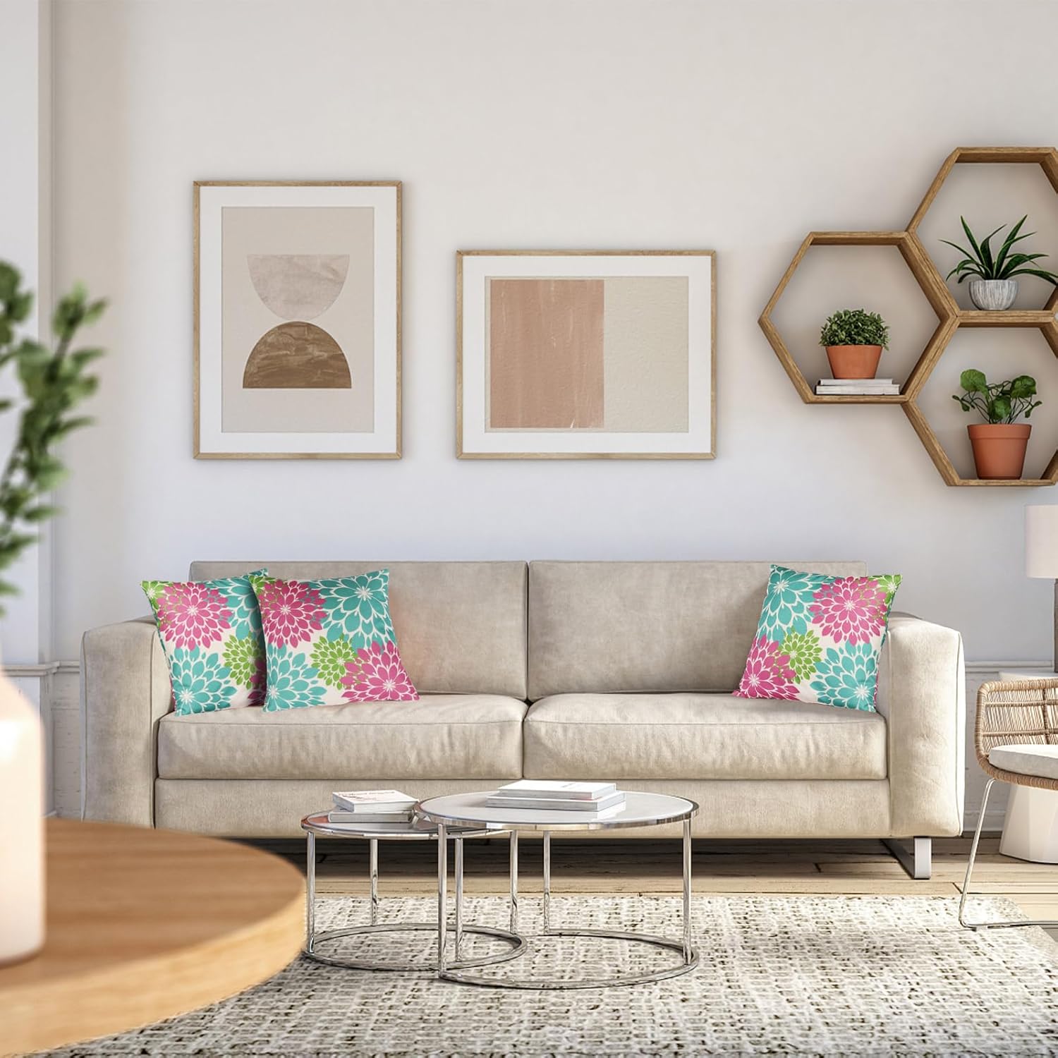 Fundas de almohada de 18 x 18 pulgadas, fundas de almohada para exteriores, fundas de almohada decorativas con geometría moderna y floral, funda de