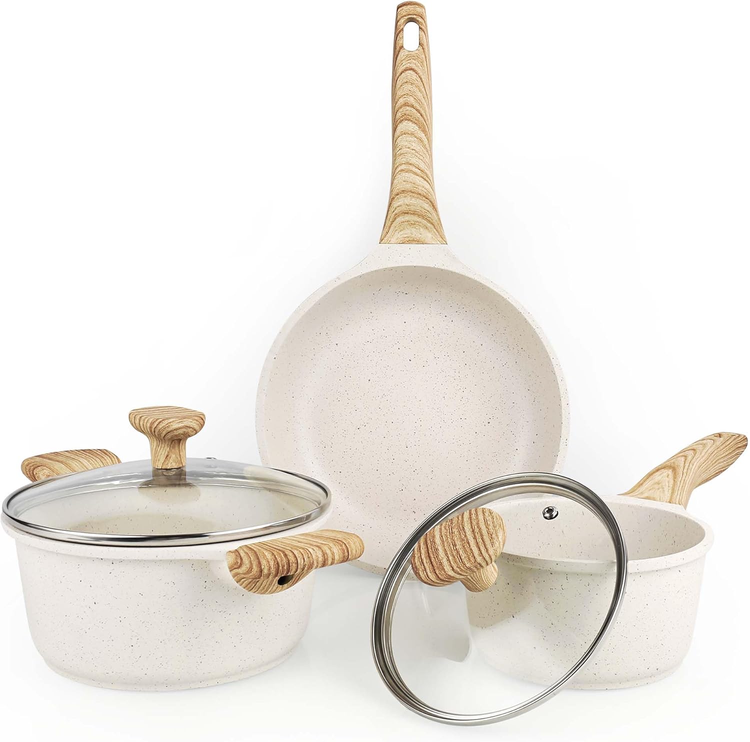 Wodillo Juego de ollas y sartenes antiadherentes, juego de utensilios de cocina de inducción beige, sartén saludable antiadherente para saltear y