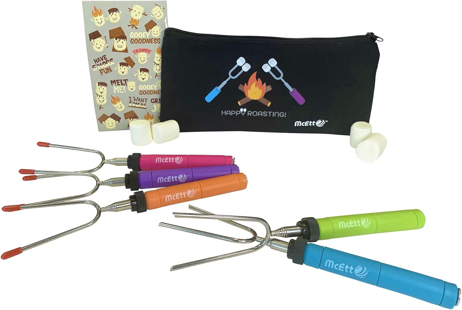 Kit de palos para asar malvaviscos, 5 tenedores telescópicos de acero inoxidable giratorios de 34 pulgadas para barbacoa, bolsa de lona y