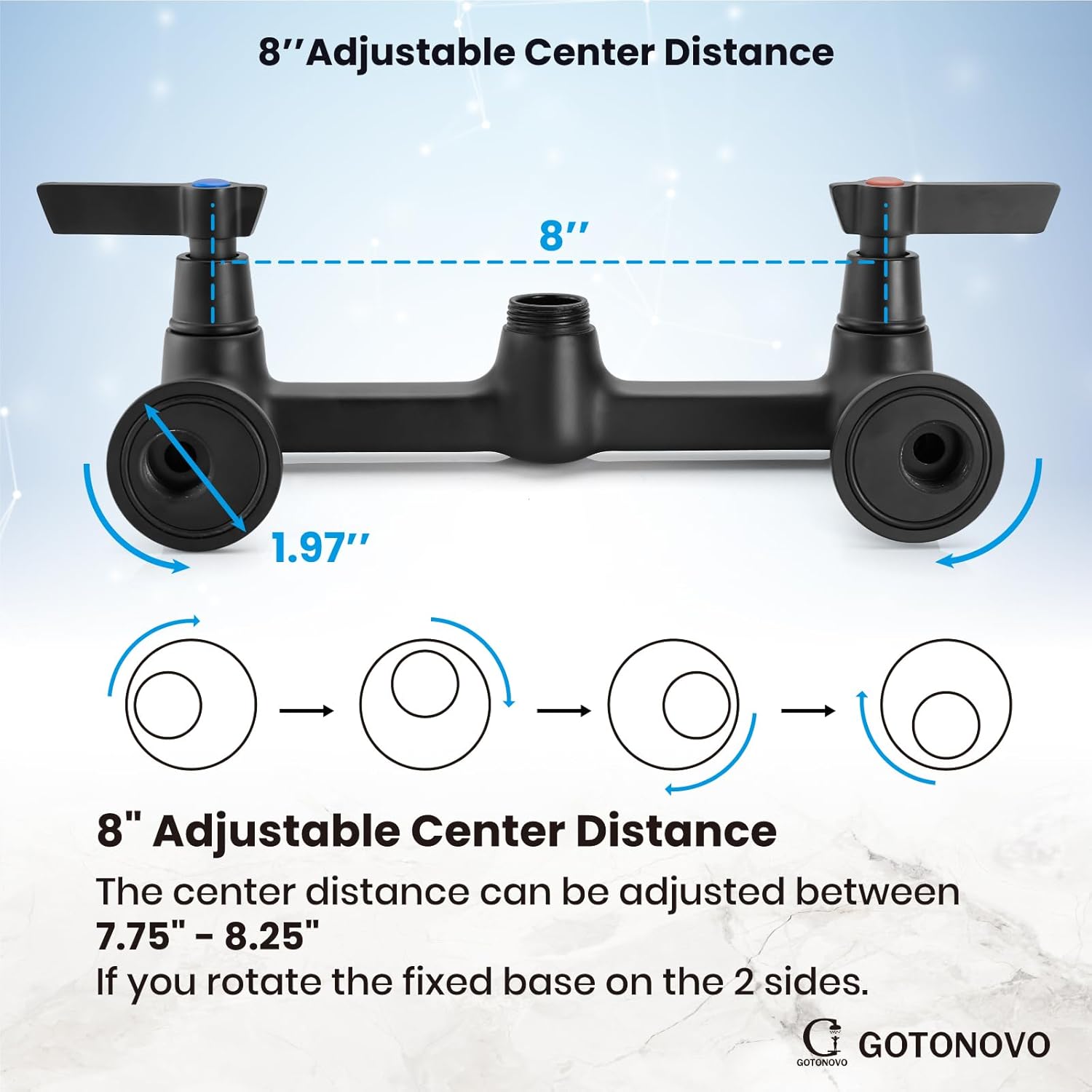 gotonovo Grifo de cocina de montaje en pared negro mate de 8 pulgadas centro ajustable de 360 grados giratorio de 360 grados grifo de fregadero de
