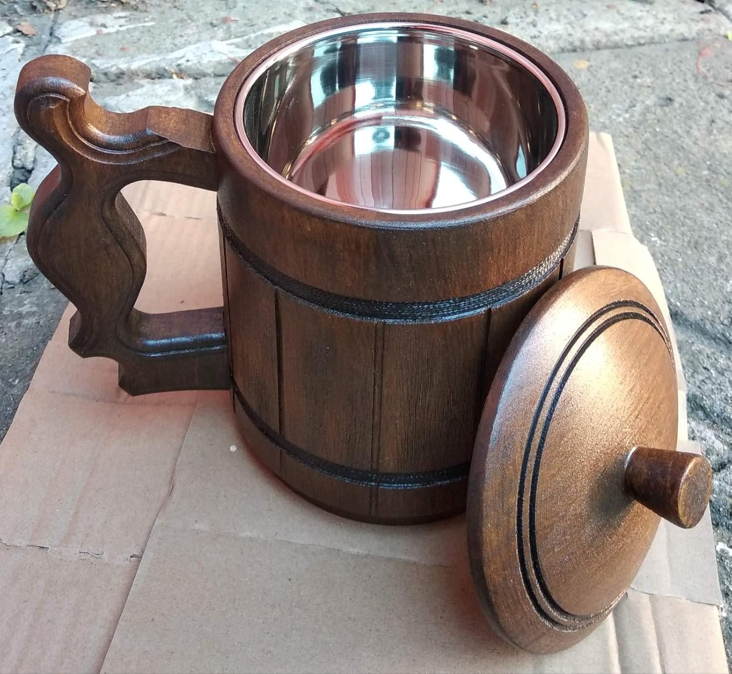 Taza de cerveza de madera hecha a mano con tapa. Capacidad 20 oz (20.3 fl oz). Taza de cerveza de madera ecológica – Taza de cerveza de madera con