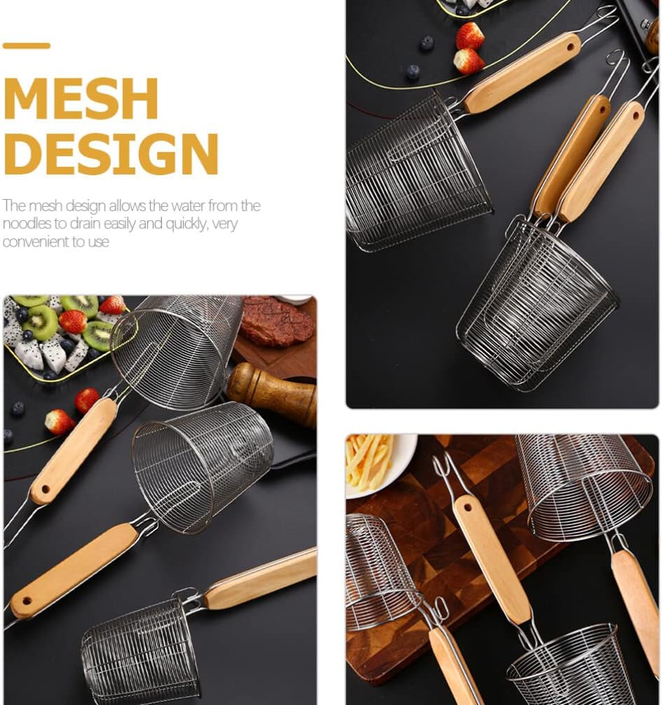 ZzzaNa Cesta de pasta de malla de acero inoxidable con mango de madera, colador de fideos para pasta, cuchara de espagueti, espumadera de cocina,