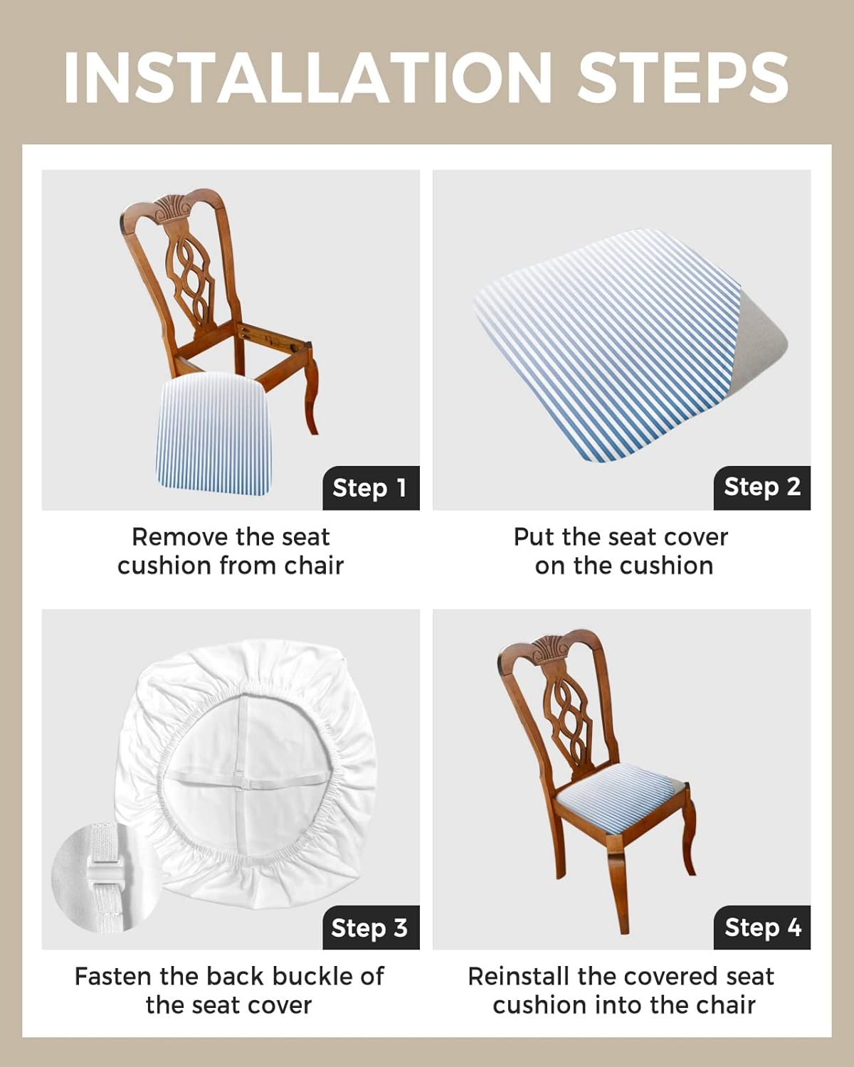 Juego de 6 fundas de asiento elásticas para sillas de comedor, color azul y blanco, a rayas finas degradadas, extraíbles y lavables, para oficina,