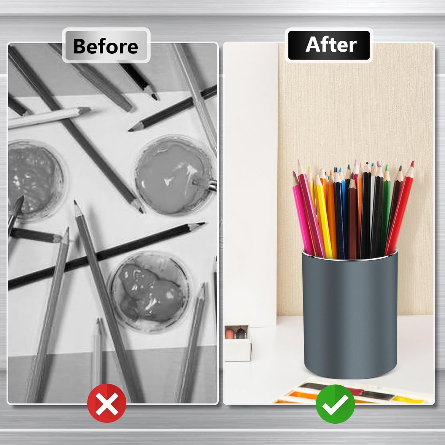 Soporte de metal para bolígrafo para escritorio, organizador de escritorio redondo de aluminio y soporte para brochas de maquillaje, caja de