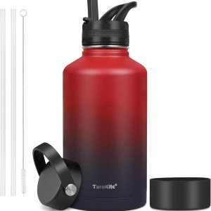 TaroKitc Botellas de agua aisladas de 64 onzas con popote, 2 tapas, botella de agua deportiva de acero inoxidable aislada al vacío de medio galón, TaroKitc Botellas de agua aisladas de 64 onzas con popote, 2 tapas, botella de agua deportiva de acero inoxidable aislada al vacío de medio galón,