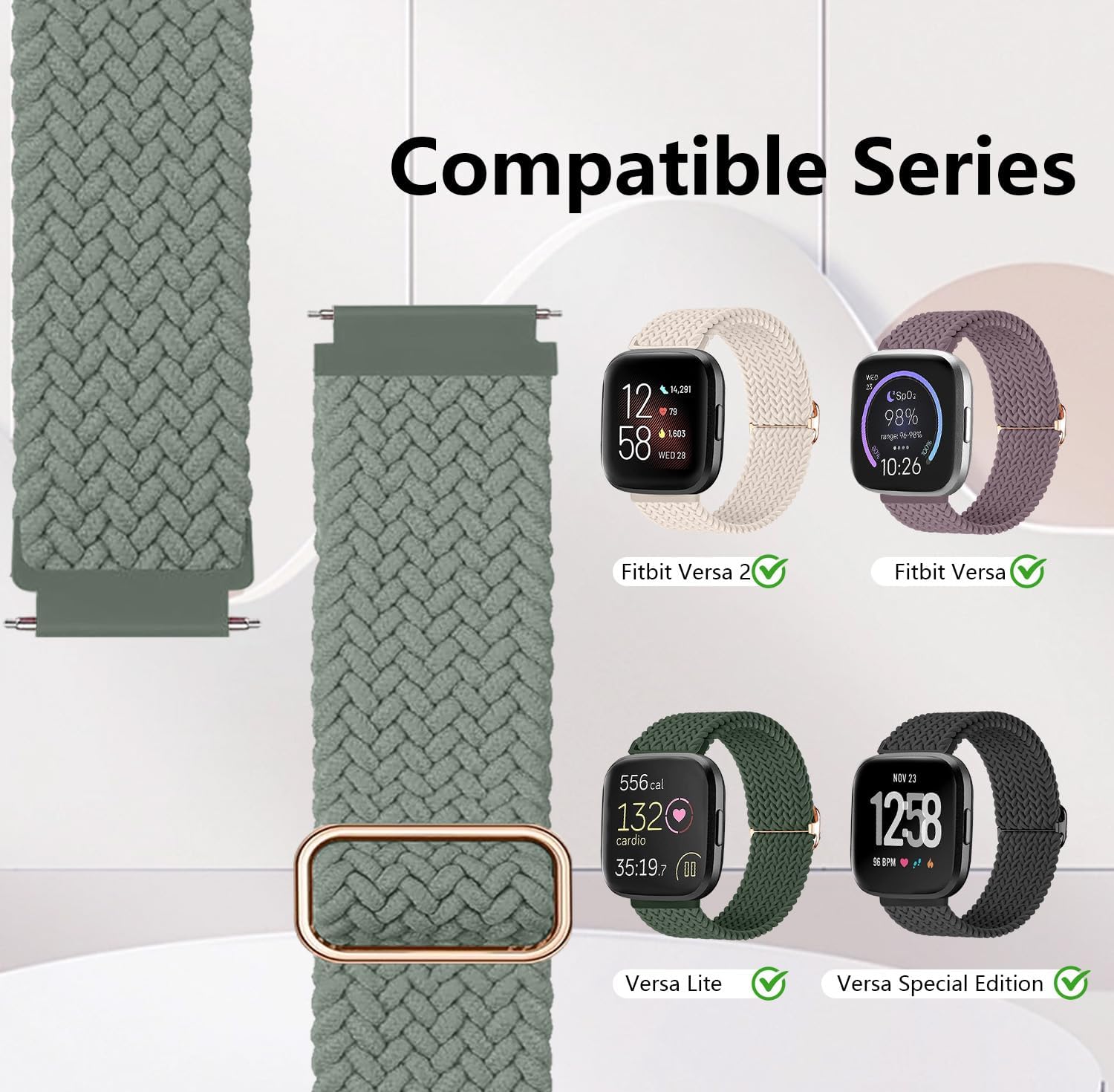 Paquete de 2 bandas elásticas compatibles con Fitbit Versa 2VersaVersa LiteVersa SE, correas deportivas de repuesto trenzadas suaves y ajustables,