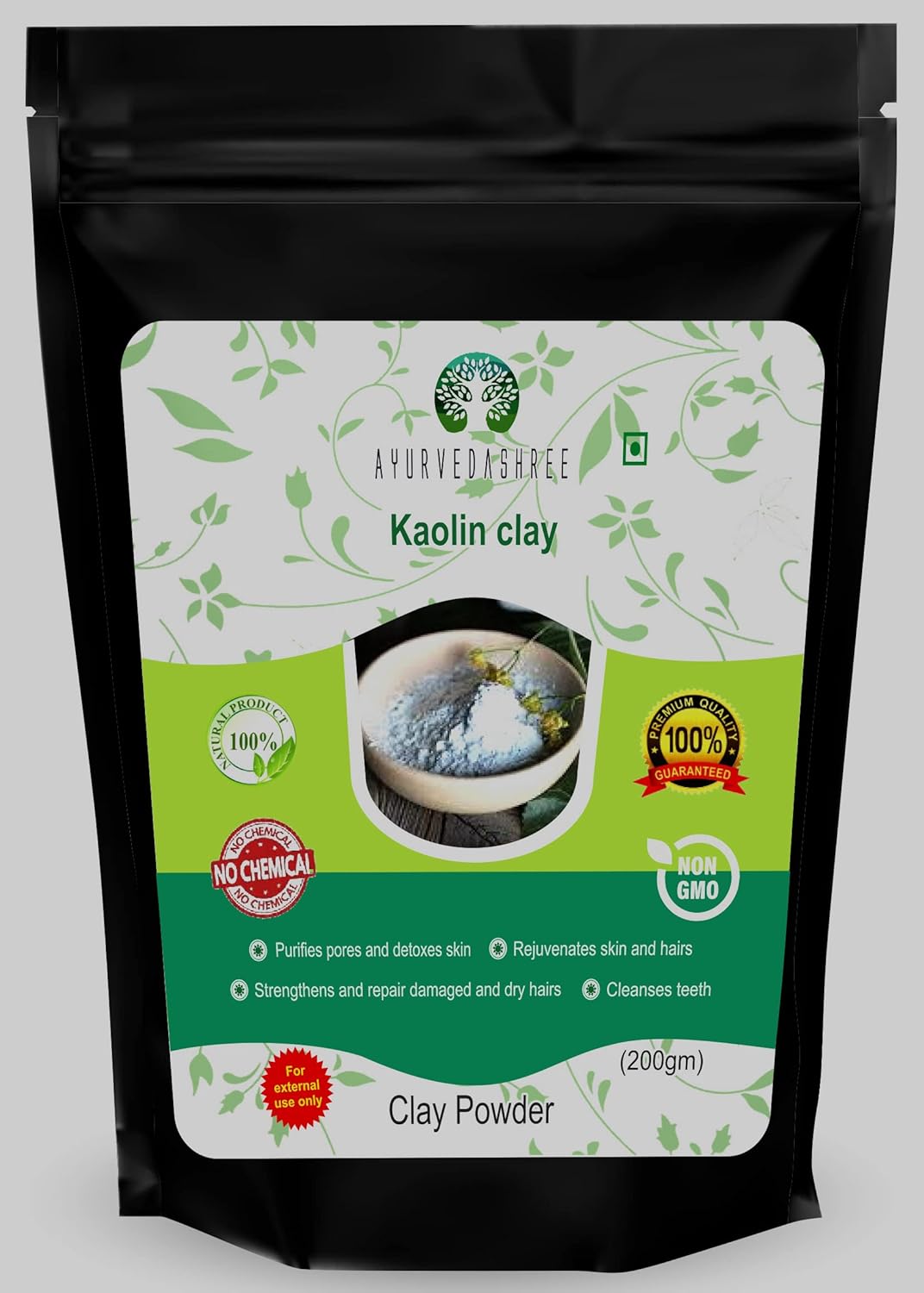 AYURVEDASHREE Arcilla de caolín de 7.05 oz  Arcilla suave para paquete facial  Cuidado de la piel  Limpia los poros de la piel  Exfolia y