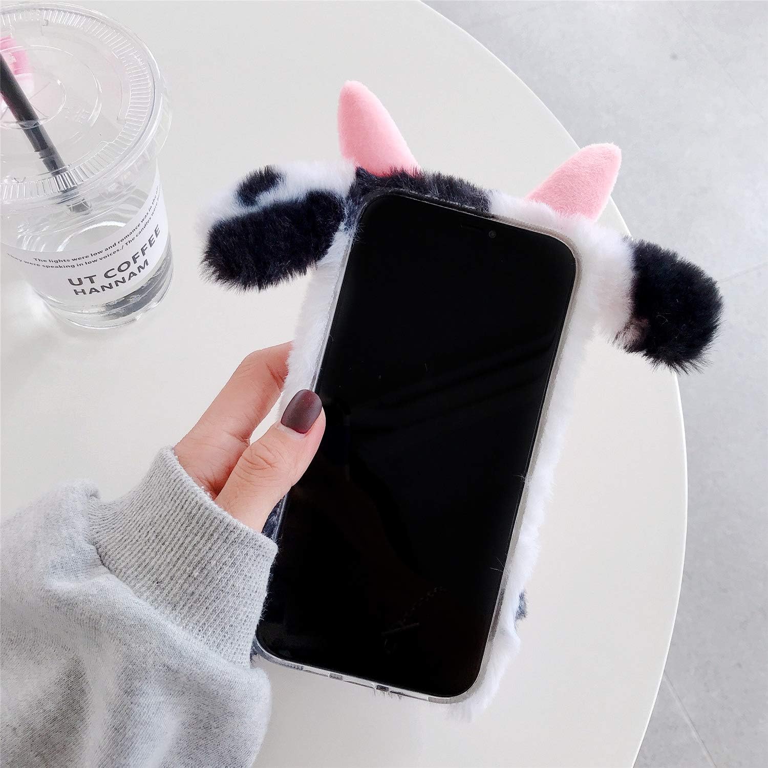 LUVI Funda 3D linda para iPhone 13 Pro, funda de felpa peluda para mujeres, funda de protección femenina de piel de vaca de dibujos animados