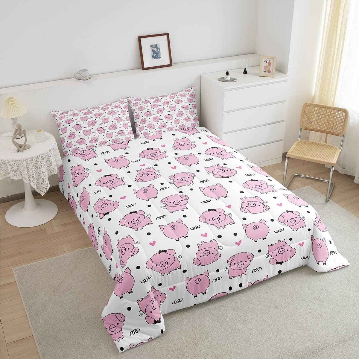 Erosebridal Juego de edredón de cerdo rosa para niñas, decoración de habitación kawaii, juego de ropa de cama de lindos cerdos para niños y niños,