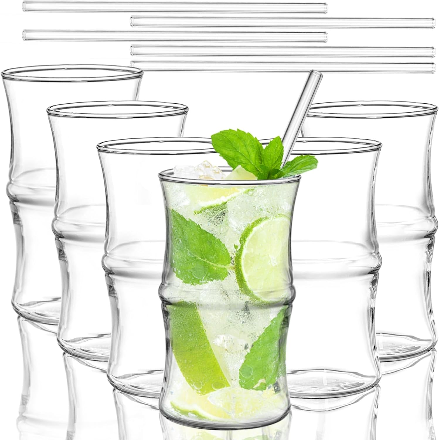 Paquete de 6 vasos para beber con pajilla, vasos de cóctel creativos de 12 onzas, cristalería acanalada transparente estética, juego de vasos de