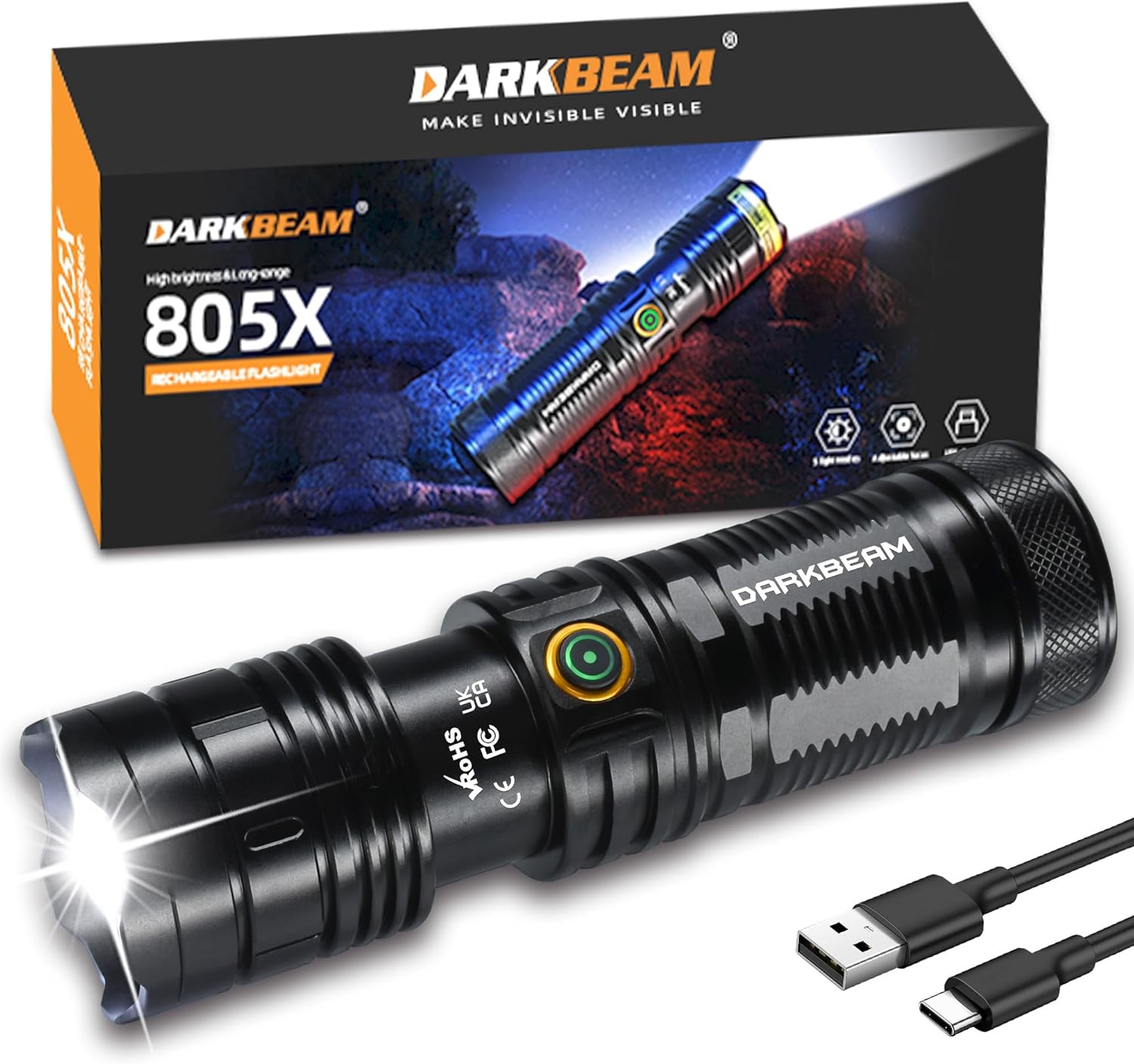 DARKBEAM Linterna LED de alto lúmenes 950000LM súper brillante, linterna táctica de emergencia recargable USB-C potentes, luz de flash enfocable de