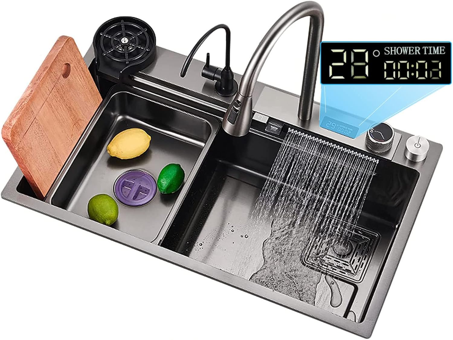 Fregadero de cocina con cascada de lluvia voladora, fregadero de cocina de acero inoxidable, fregadero de cocina con fregadero de cocina individual,