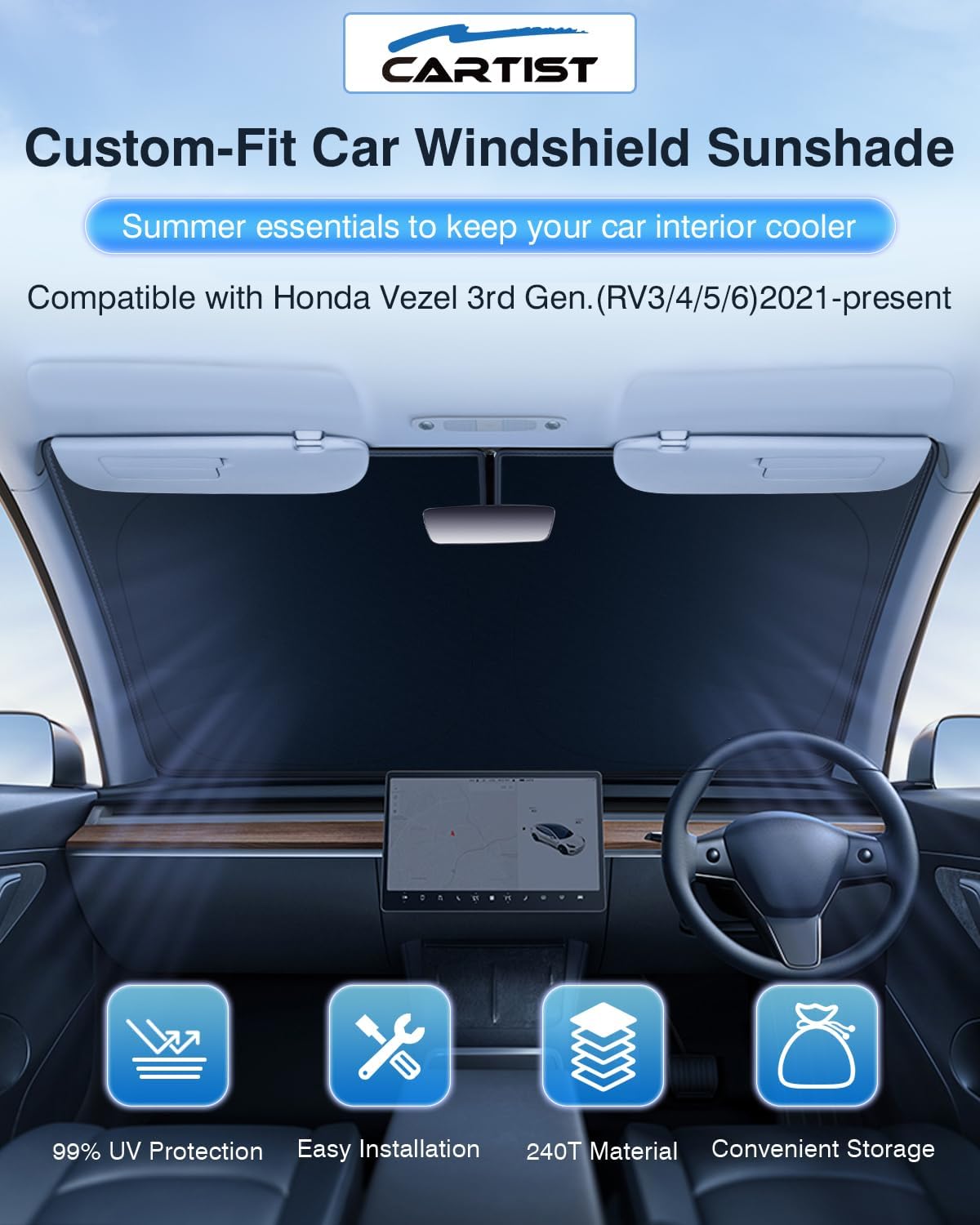 Cartist Parasol de 5 capas para parabrisas de ajuste personalizado para Honda HR-V HRV 2023 2024, accesorios plegable para ventana delantera de