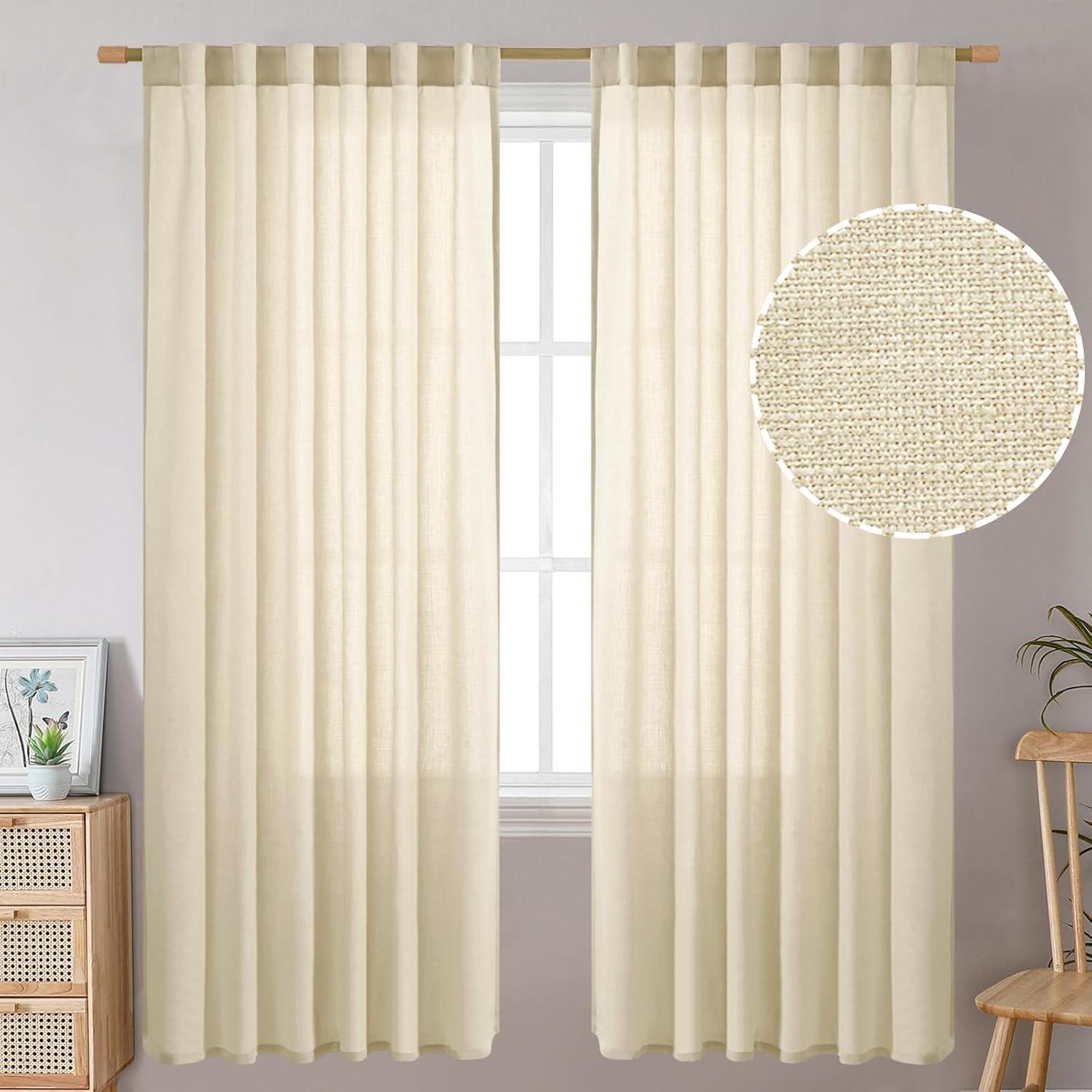 BGment Cortinas de lino de 72 pulgadas de largo, 2 paneles, cortinas largas con pestaña trasera para sala de estar, cortinas de arpillera