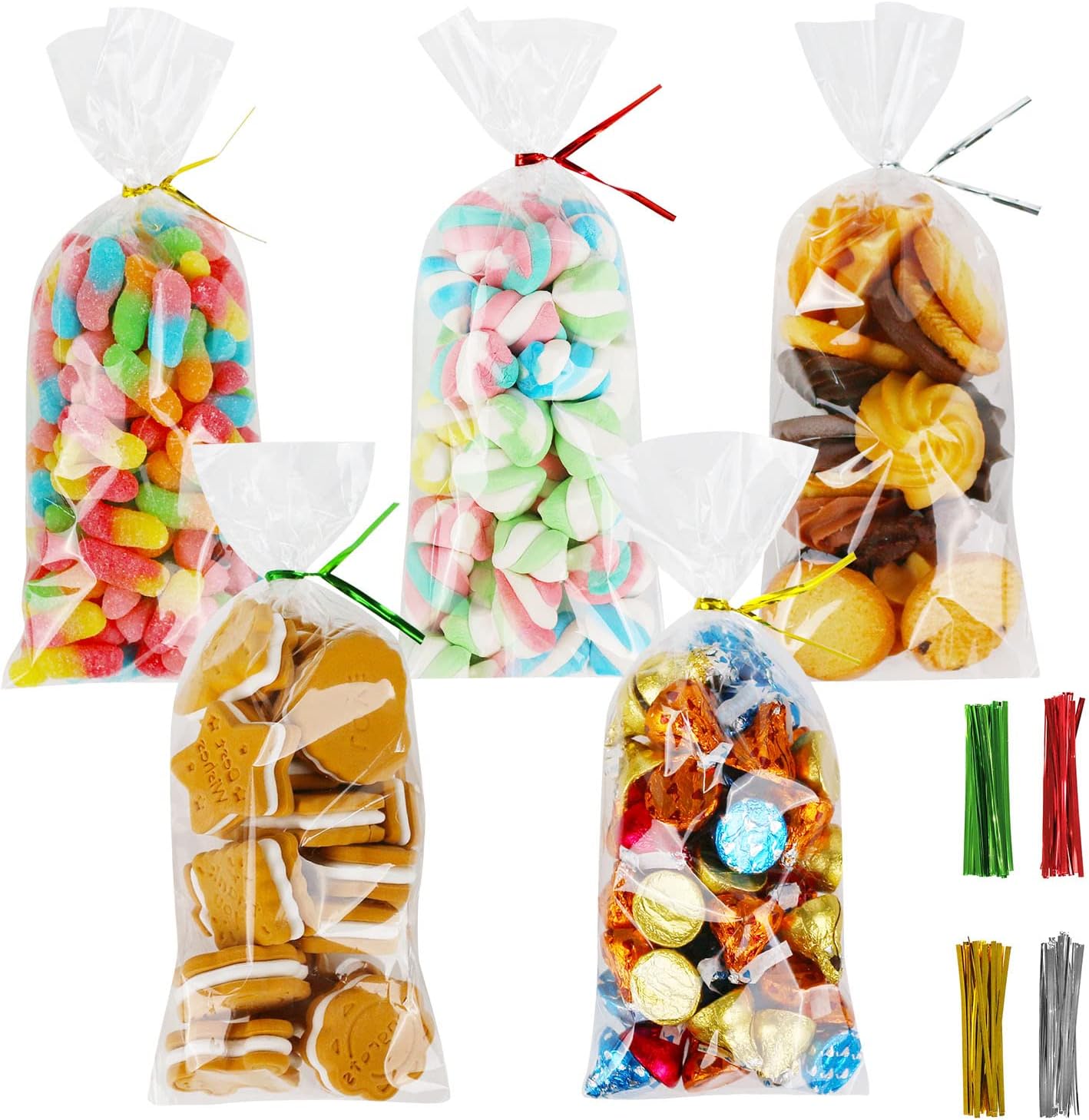 Bolsas de celofán, 120 bolsas de celofán de plástico transparente de 4 x 9.5 pulgadas con lazos giratorios de 4.7 pulgadas, 4 colores surtidos,