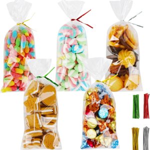 Bolsas de celofán, 120 bolsas de celofán de plástico transparente de 4 x 9.5 pulgadas con lazos giratorios de 4.7 pulgadas, 4 colores surtidos, Bolsas de celofán, 120 bolsas de celofán de plástico transparente de 4 x 9.5 pulgadas con lazos giratorios de 4.7 pulgadas, 4 colores surtidos,