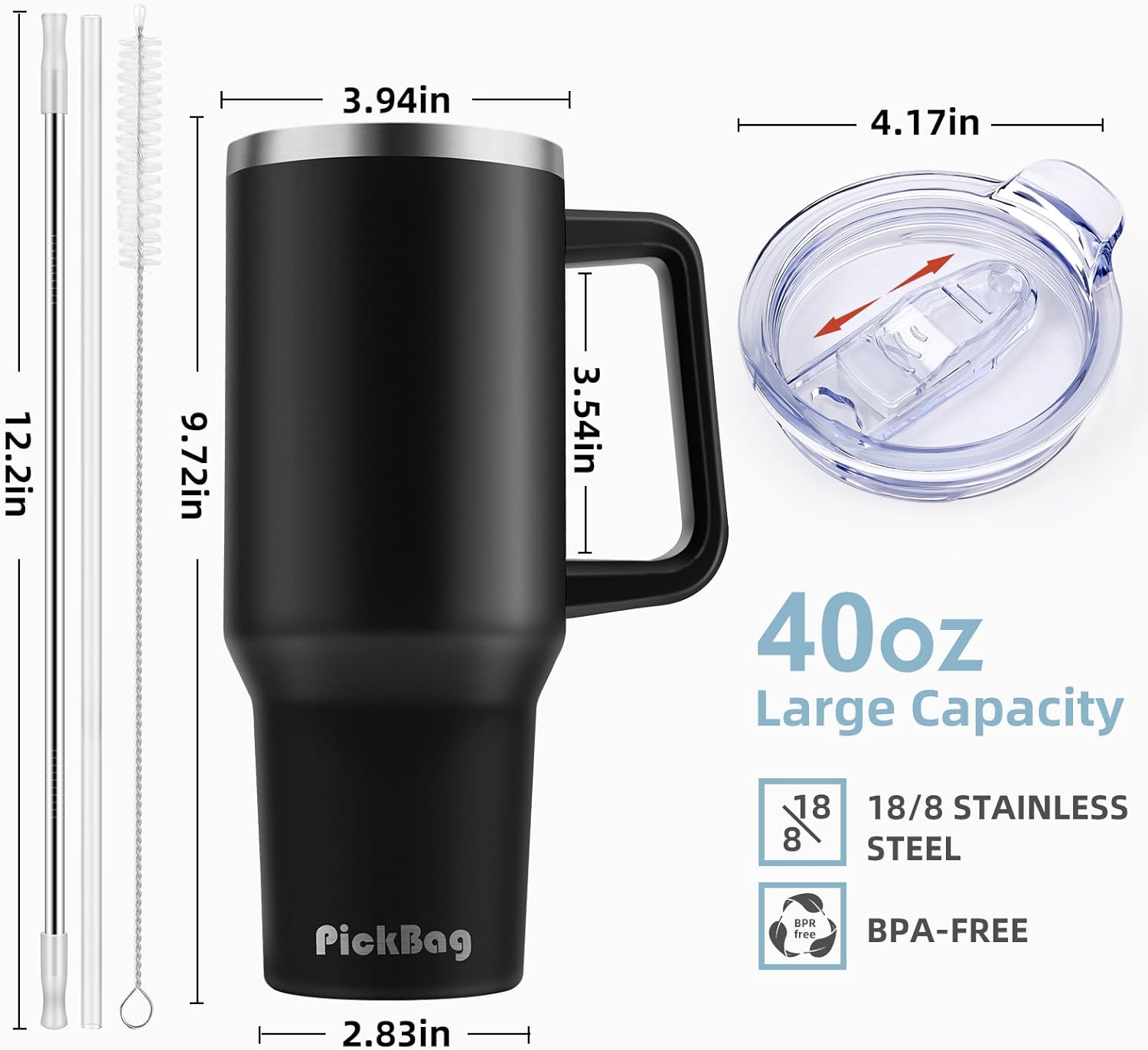 Vaso de 40 onzas con asa y popote, 100% a prueba de fugas, de acero inoxidable, con aislamiento térmico, para viaje, para café, mantiene las bebidas