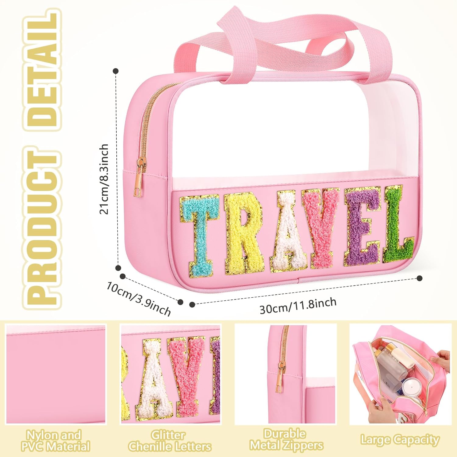 Kacctyen Juego de 6 bolsas de maquillaje de chenilla con letras transparentes, bolsa de cosméticos impermeable de PVC y nailon, organizador de