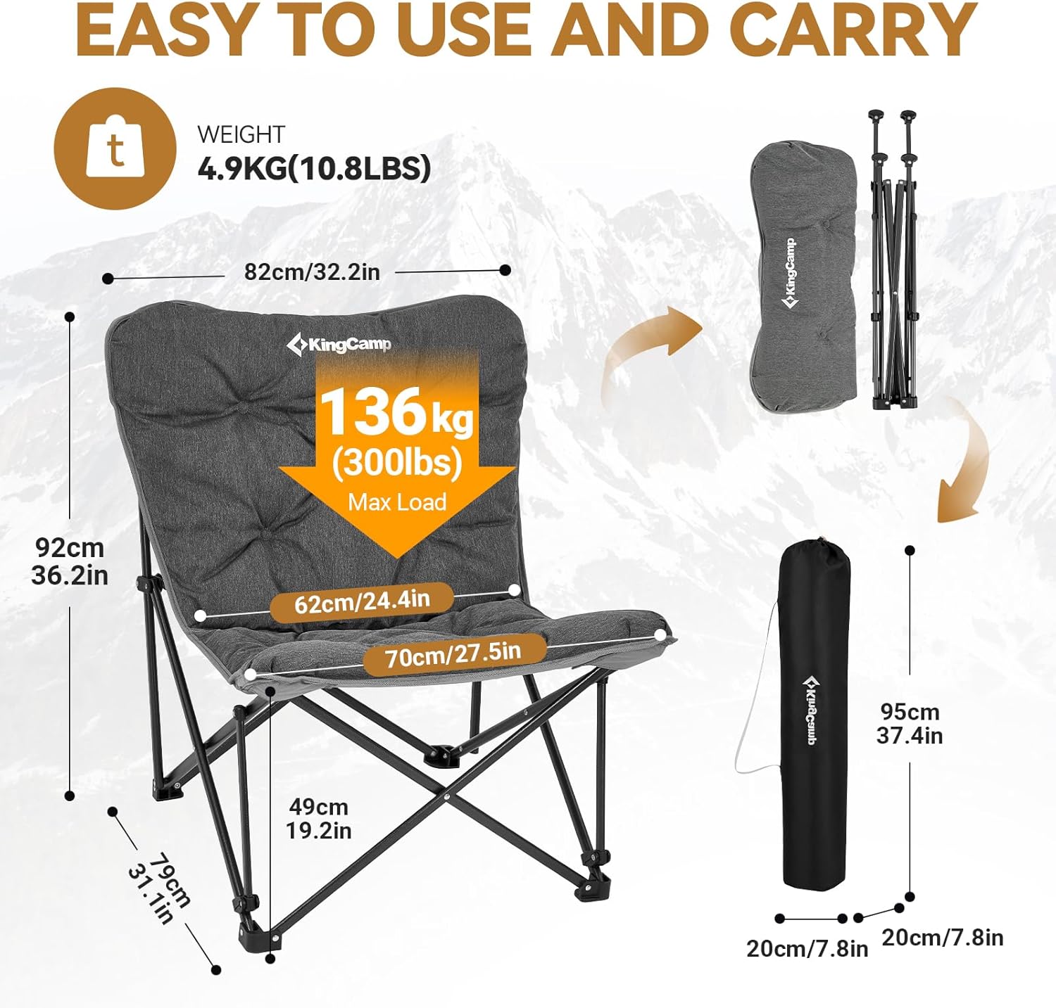 KingCamp Silla de campamento acolchada de gran tamaño, silla plegable de mariposa XL cómoda para exteriores con bolsa de transporte, silla de