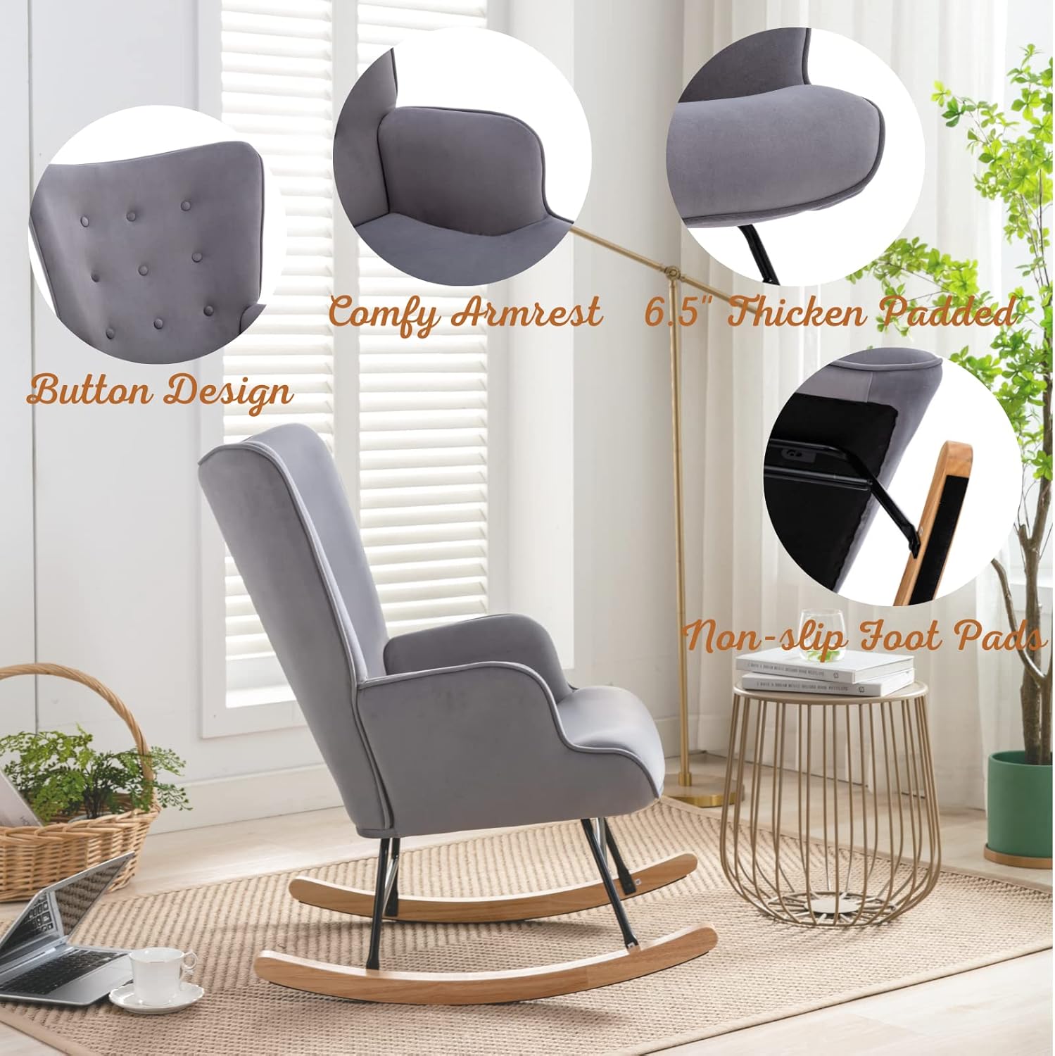 Mecedora de terciopelo para habitación del bebé, silla mecedora para interiores con respaldo de ala, con base de madera maciza, cómoda silla