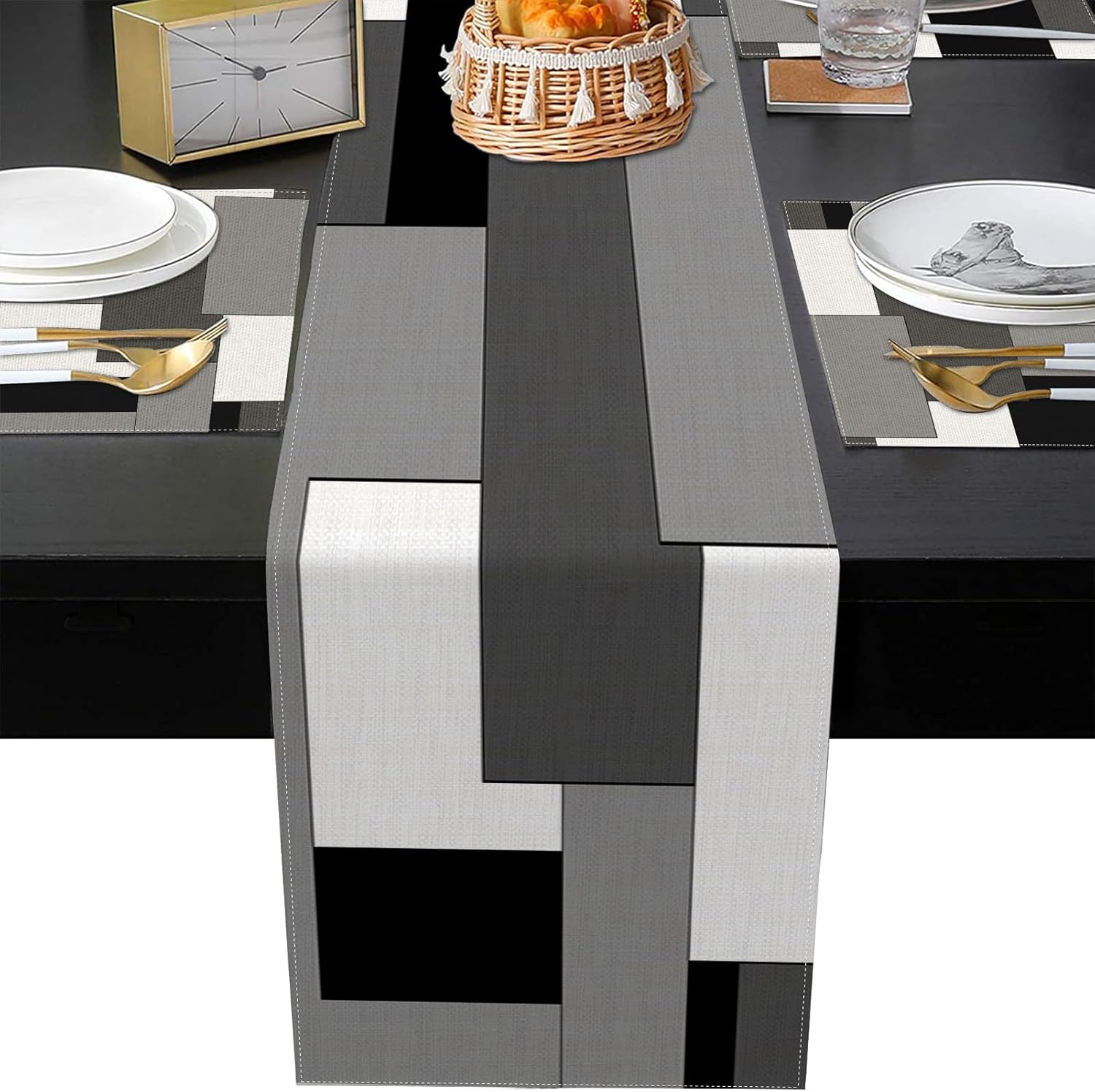 ArtSocket Juego de 6 manteles individuales y camino de mesa geométrico, blanco, negro, gris, pintura abstracta, arte para decoración de mesa de