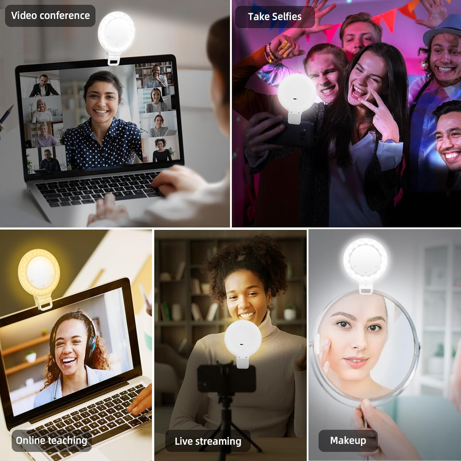 Anillo de luz, 3 modos de luz, luz para selfie, recargable, batería de gran capacidad, portátil, 60 LED, brillo ajustable, luz con clip para laptop,