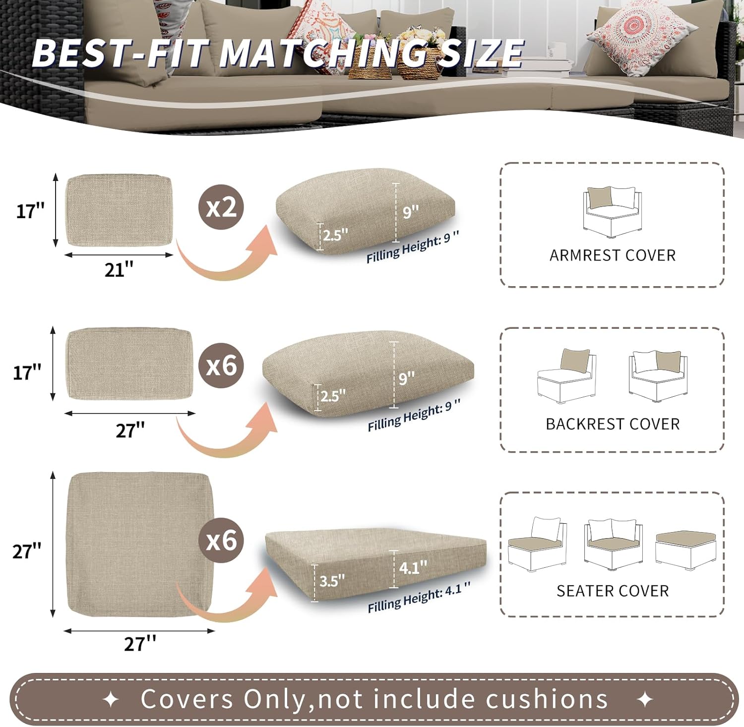 14 fundas de cojín de repuesto para muebles de patio al aire libre, color beige, con cremallera, fundas de cojín de patio de 27 x 27 pulgadas (solo