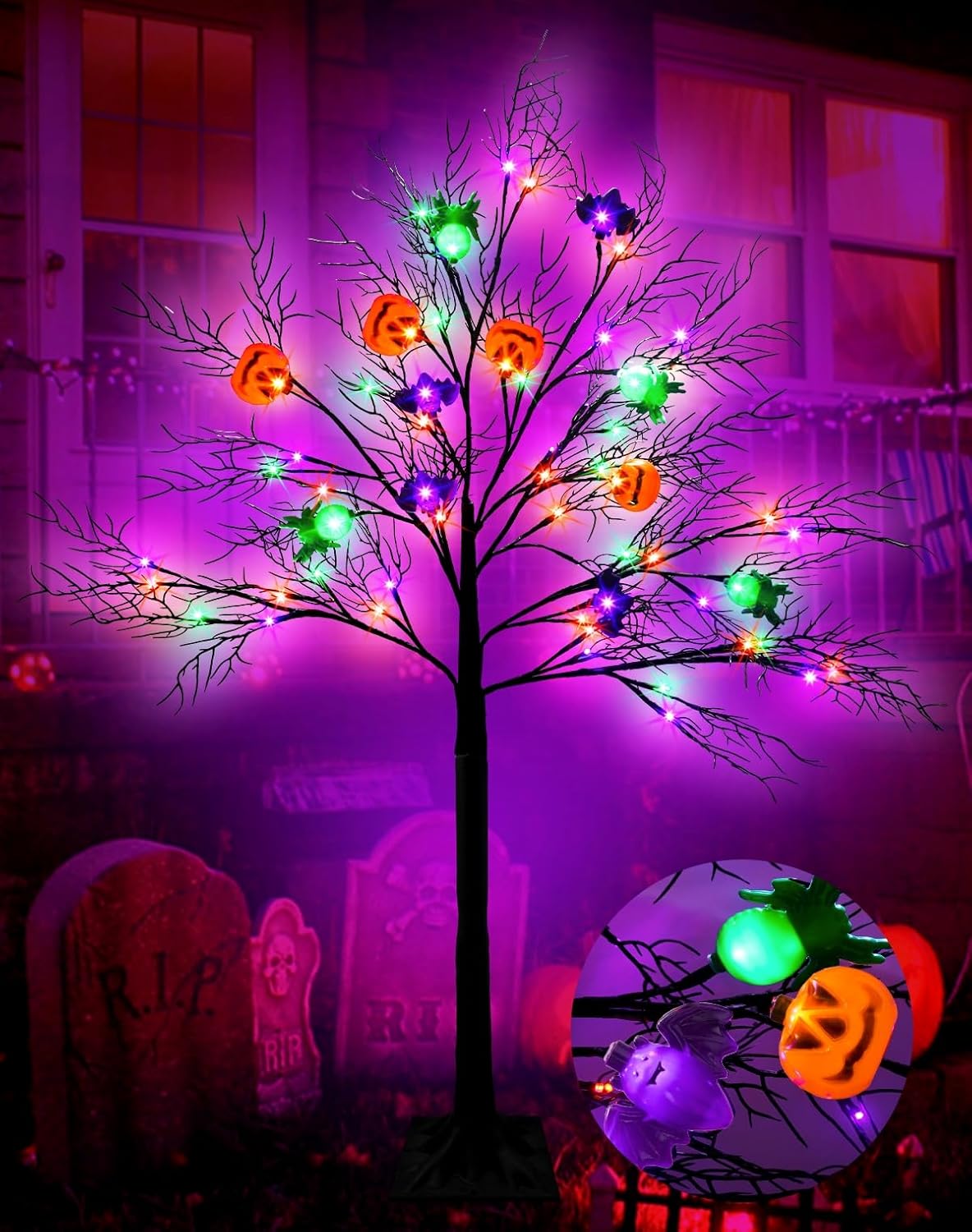 Decoración de árbol iluminado de Halloween de 4 pies, color naranja y morado con 8 modos, 56 LED con iluminación 3D, 12 calabazas, murciélagos y