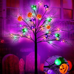 Decoración de árbol iluminado de Halloween de 4 pies, color naranja y morado con 8 modos, 56 LED con iluminación 3D, 12 calabazas, murciélagos y Decoración de árbol iluminado de Halloween de 4 pies, color naranja y morado con 8 modos, 56 LED con iluminación 3D, 12 calabazas, murciélagos y